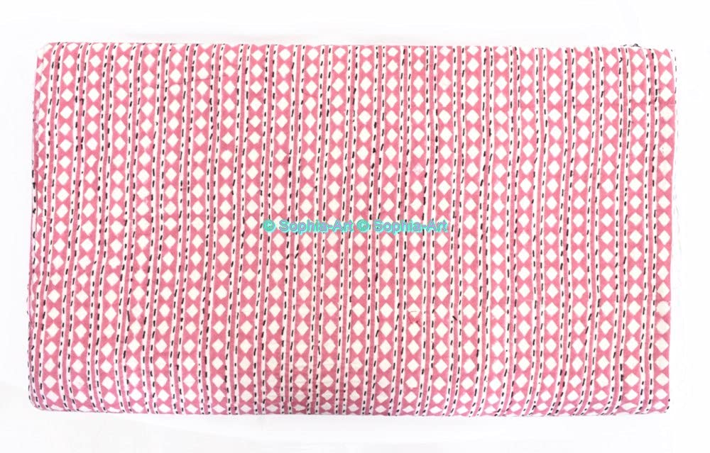 Sophia-Art Handmade Bohemian Indian King/Twin Cotton Bedspread - Reversible Kantha Stitch Quilt with Sham Cover, Pink Diamond, 90x108 inches - Perfect for Boho Bedroom Decor, Guest Room Accent & Hippie Style Home