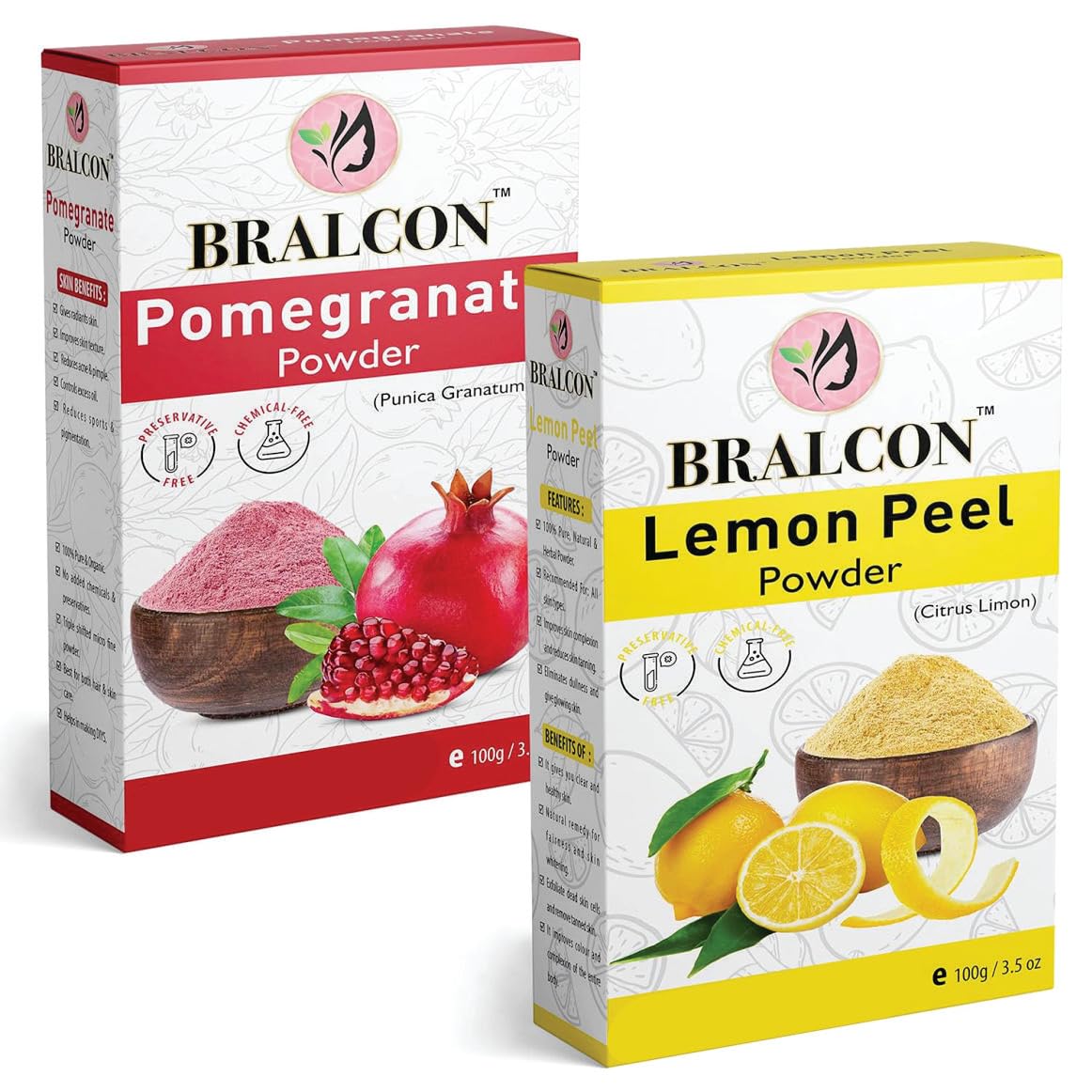 BRALCON Organic Pomegranate Peel Powder & Lemon Peel Powder Combo - 200g (100g x 2) | Natural Skin Care for Face Masks, Hair Treatment & DIY Beauty | Brightening, Exfoliating & Nourishing | Perfect for Homemade Spa, Acne Treatment & Glowing Skin Routine