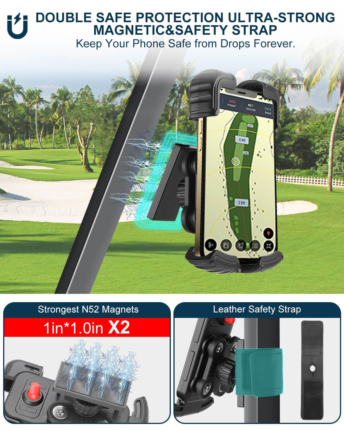 **Magnetic Golf Cart Phone Holder Mount - Vibration Dampener & Ultra-Strong N52 Neodymium Magnets - Compatible with EZGO, Club Car, Yamaha, ICON - Secure Phone Caddy for iPhone, Galaxy, Google Pixel - Perfect for Golfing, Off-Roading & Outdoor Adventures**