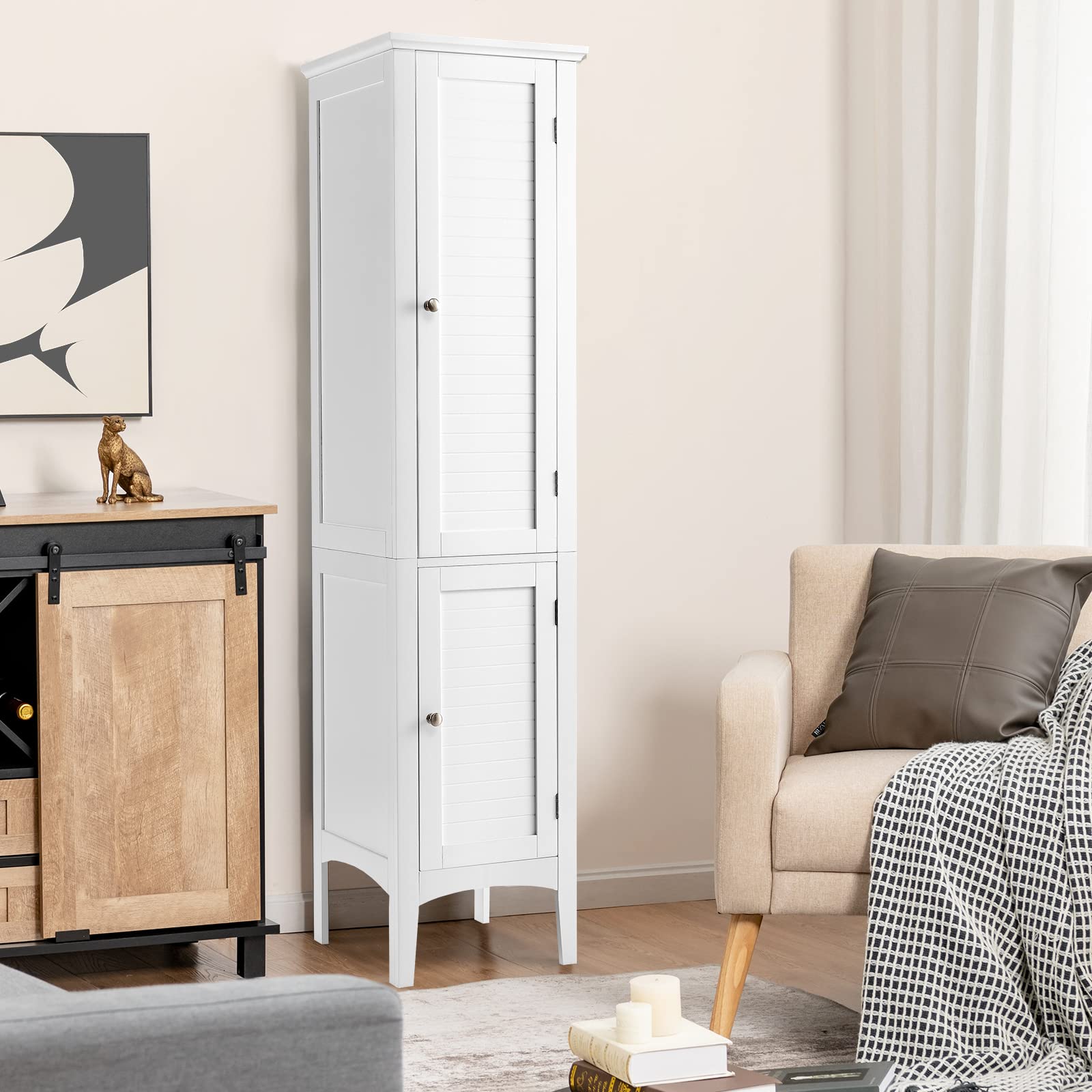 Giantex 5-Tier Storage Cabinet - Freestanding Tall Bathroom & Kitchen Organizer with Shelves, Slim Floor Cabinet for Living Room, Bedroom, Linen & Towel Storage (White) - Perfect for Small Spaces & Home Organization