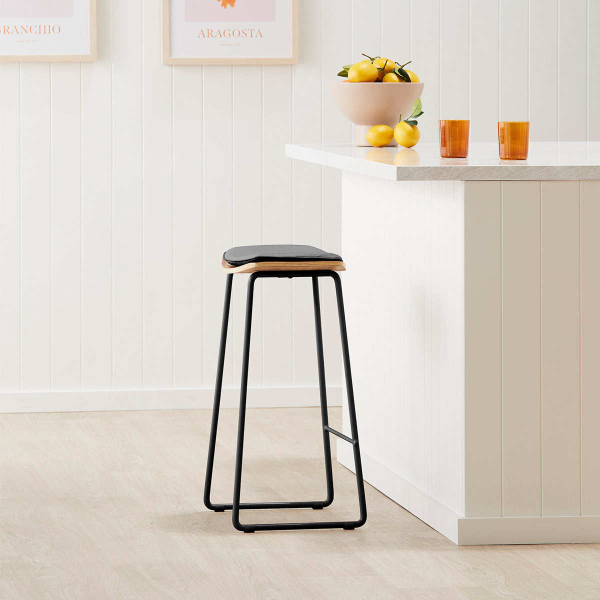 Hendrix Backless Bar Stool - Solid Oak Wood with Black Leather Seat - Perfect for Kitchen Islands, Breakfast Bars & Home Decor