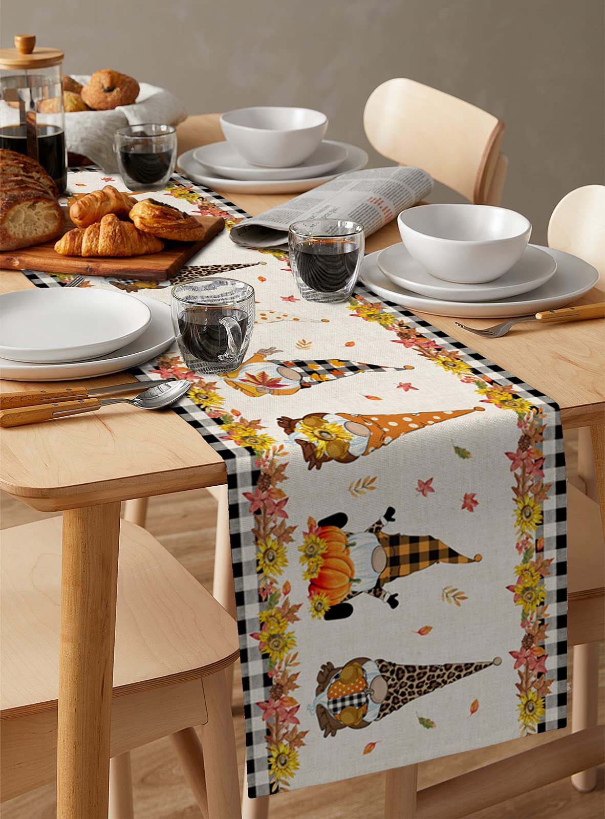 Farmhouse Cotton Linen Table Runner 18x72 Inches - Heat-Resistant Holiday Dining Table Decor for Thanksgiving, Christmas, Wedding & Party - Sunflower Pumpkin Gnome Design - Perfect for Dining Room, Buffet Table & Seasonal Home Decor