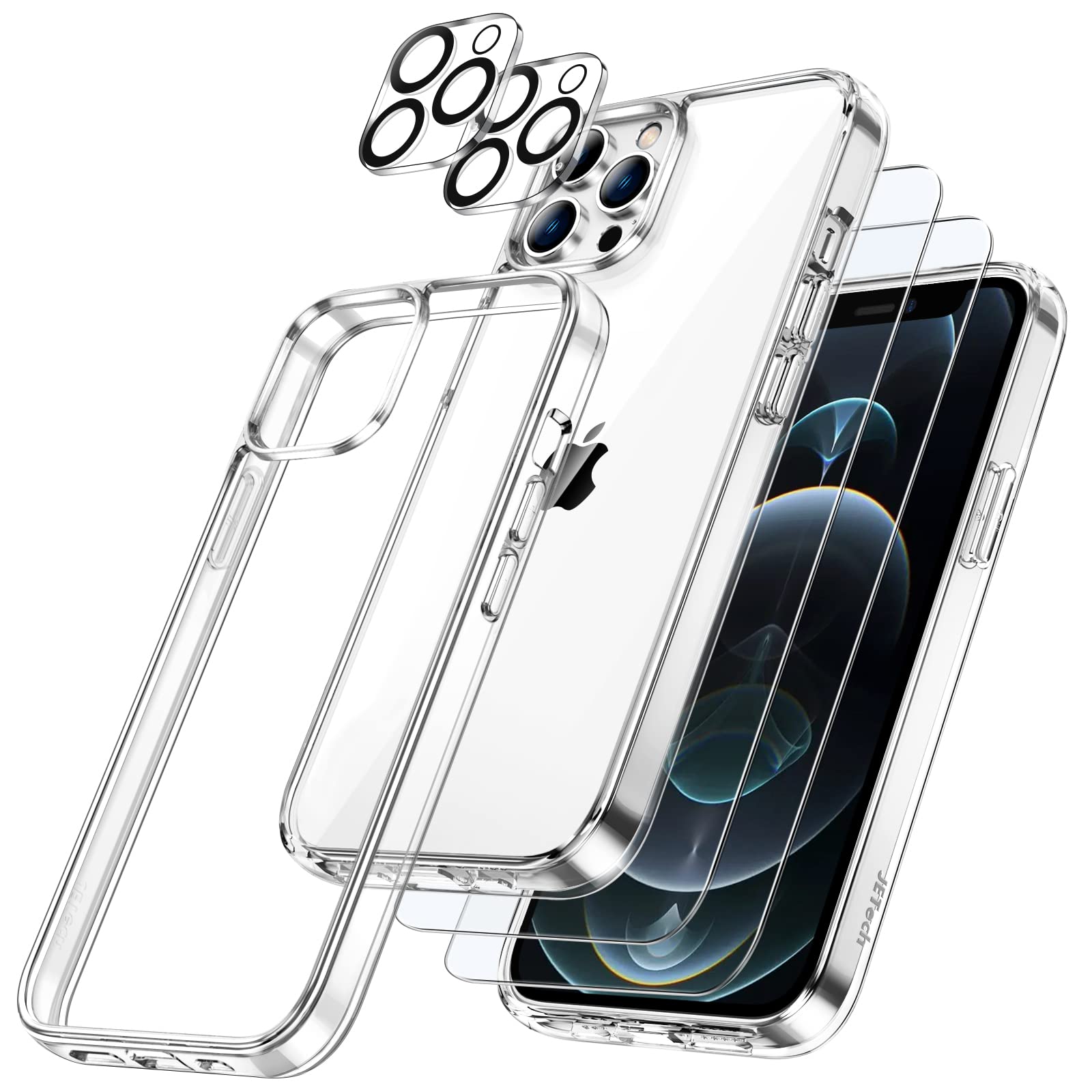 JETech 5-in-1 Protective Case for iPhone 12 Pro Max 6.7-Inch - Clear Shockproof Bumper Cover with 2-Pack Tempered Glass Screen Protectors & Camera Lens Protector | Non-Yellowing Full Coverage Design | Perfect for Outdoor Activities, Travel & Daily Protection