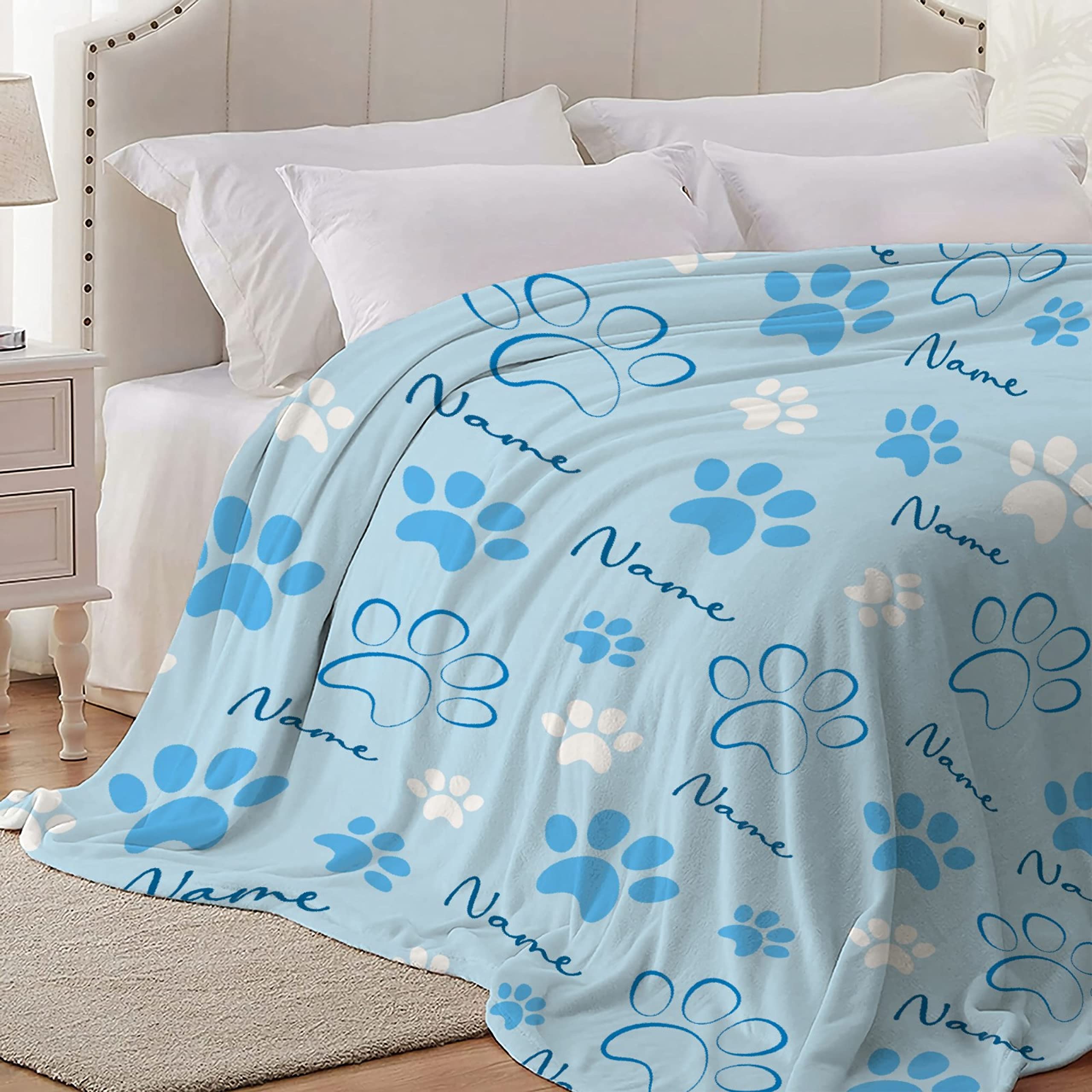 Custom Pet Name Personalized Dog Blanket - Soft Flannel Throw Blanket with Paw Prints | Extra Large 120x90 Inch | Perfect Gift for Dog Lovers | Cozy for Couch, Bed & Travel
