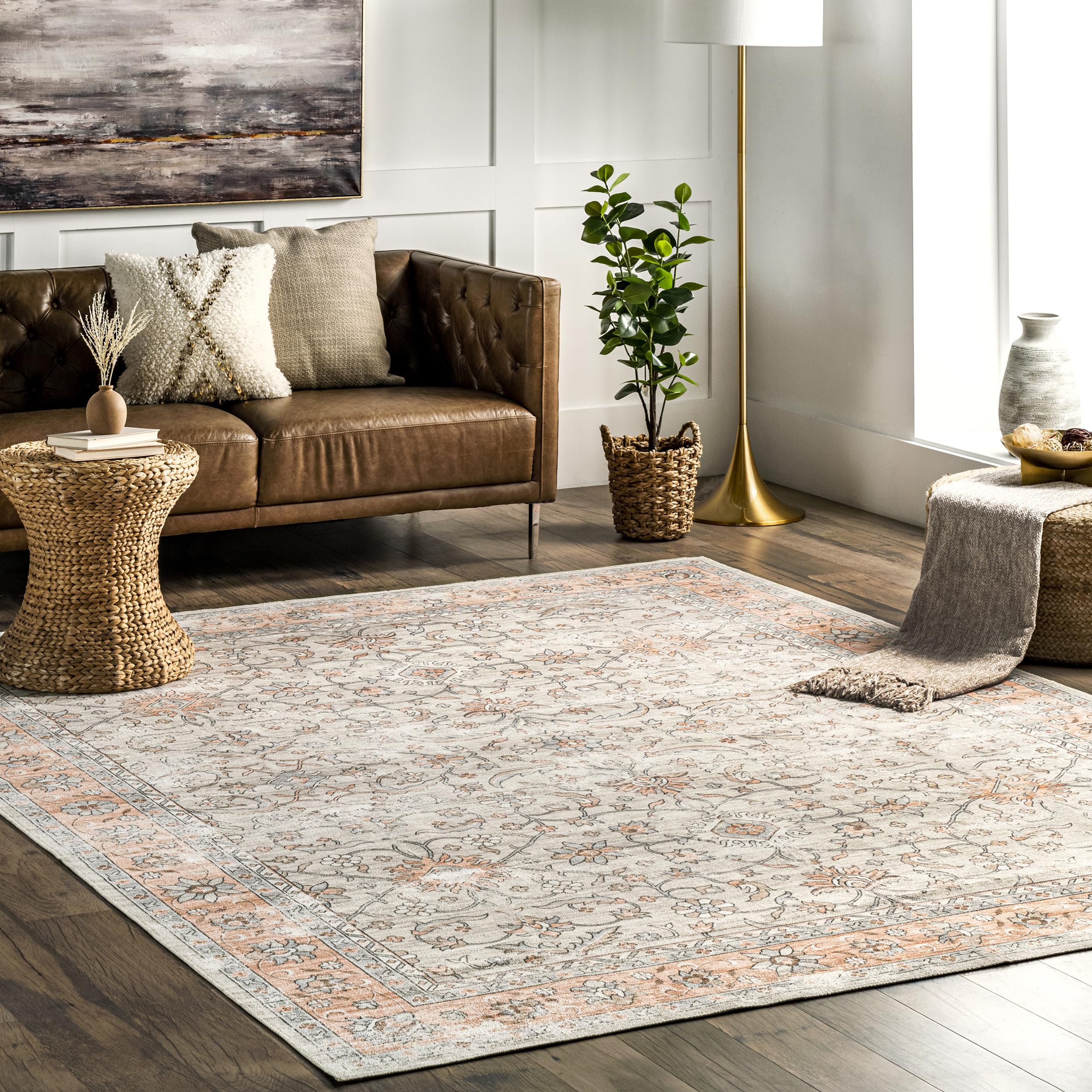 nuLOOM 8' x 10' Washable Area Rug - Stain Resistant, Non-Slip Backing, Low Pile - Perfect for Living Room, Bedroom & Dining Room - Marlena Light Orange - Ideal for High Traffic Areas & Pet-Friendly Homes