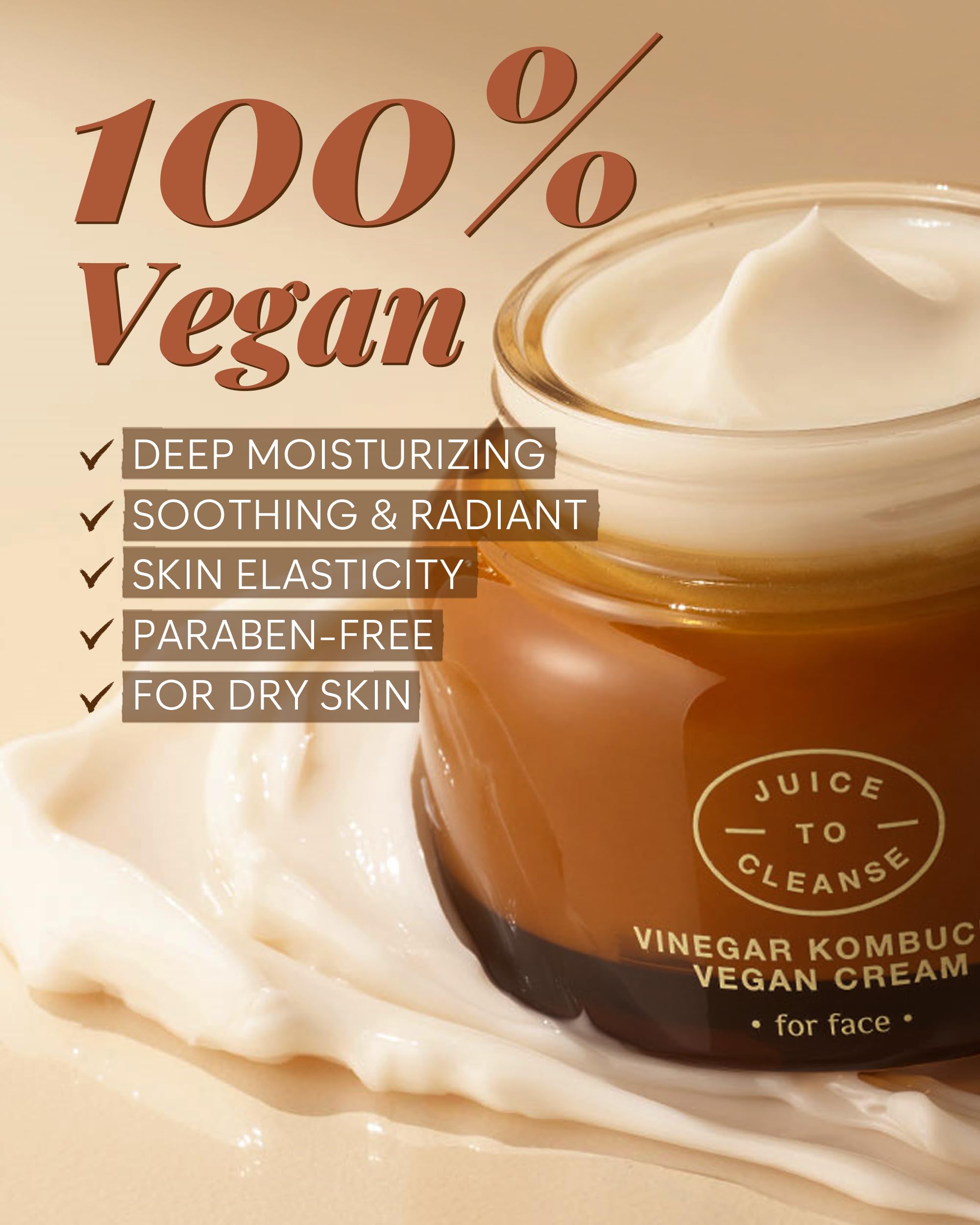 Organic Kombucha Vinegar Vegan Face Cream – Korean Skincare with Vegetable Collagen & Protein for Radiant, Elastic Skin | 2.5oz Hydrating Moisturizer for Daily Use, Night Routine & Anti-Aging Care