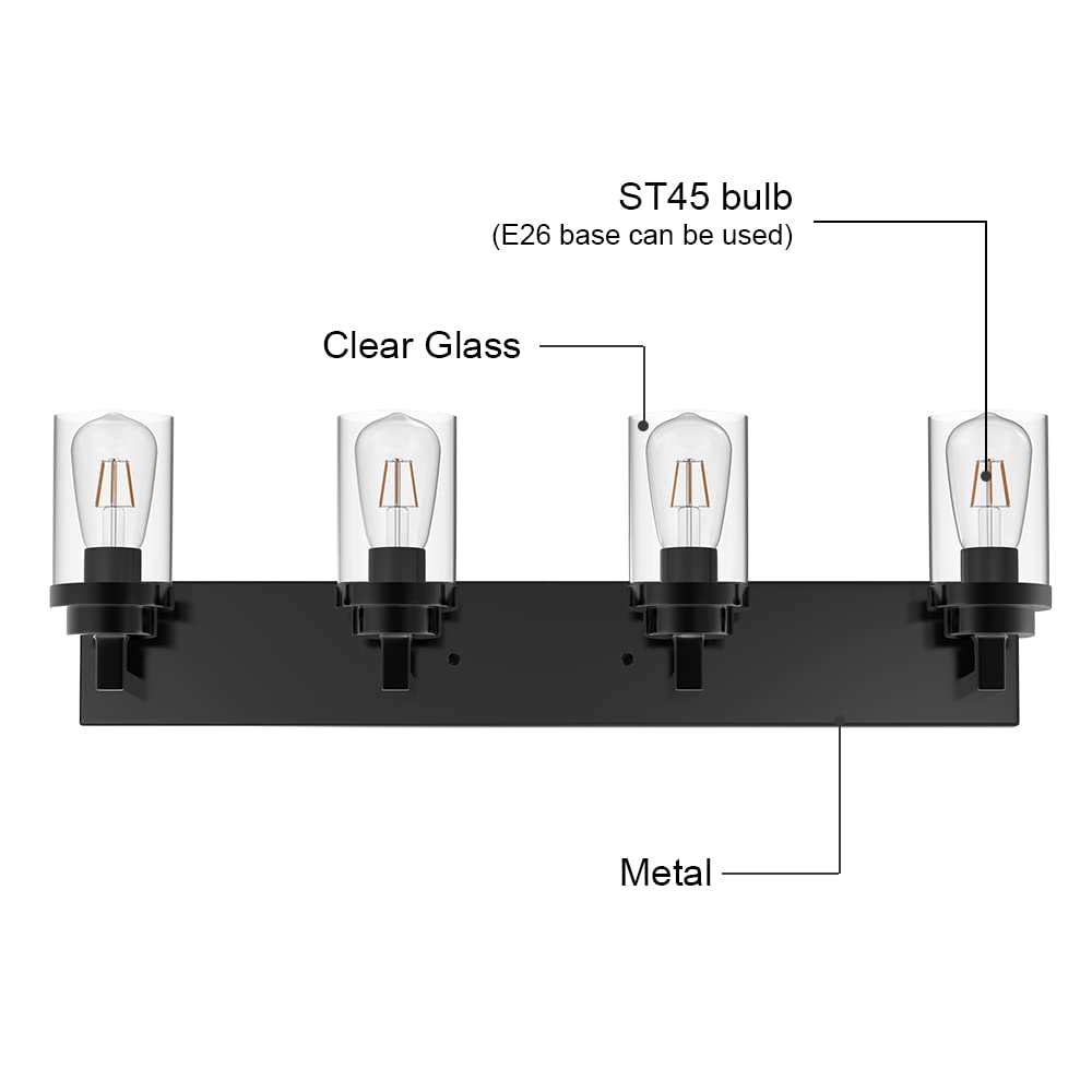 MELUCEE 4-Light Farmhouse Vanity Lights - Black Industrial Wall Mount Bathroom Mirror Lighting with Clear Glass Shade - Perfect for Bedroom, Kitchen, Hallway & Bathroom Decor