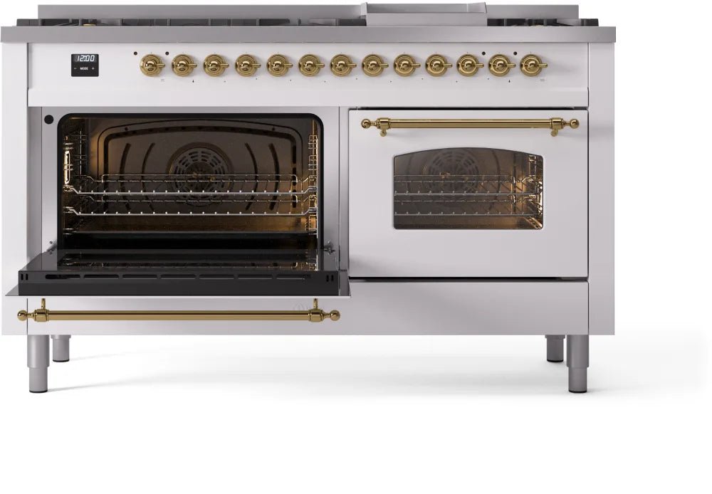 ILVE Nostalgie II 60-Inch Dual Fuel Range with Liquid Propane - White & Brass Trim (UP60FNMPWHGLP) | Professional Gas Stove for Home Kitchen & Restaurant Cooking