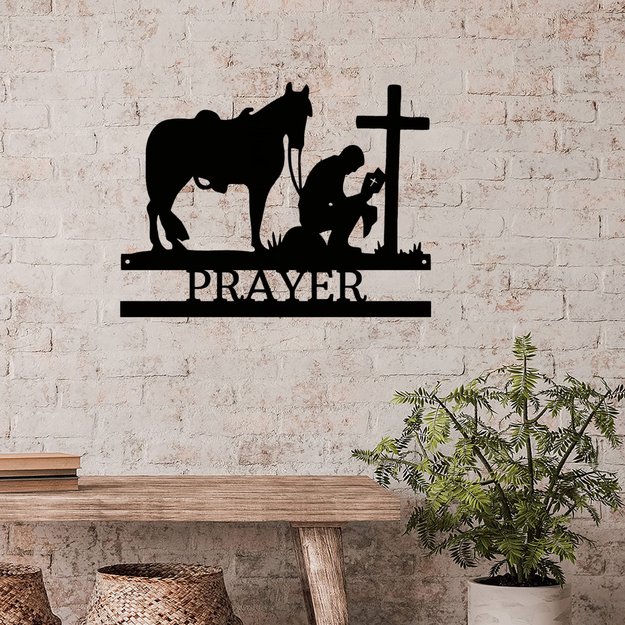 Custom Name Metal Wall Art - Praying Cowboy with Horse Kneeling at Cross - 30 Inch White Western Decor for Home, Office & Ranch