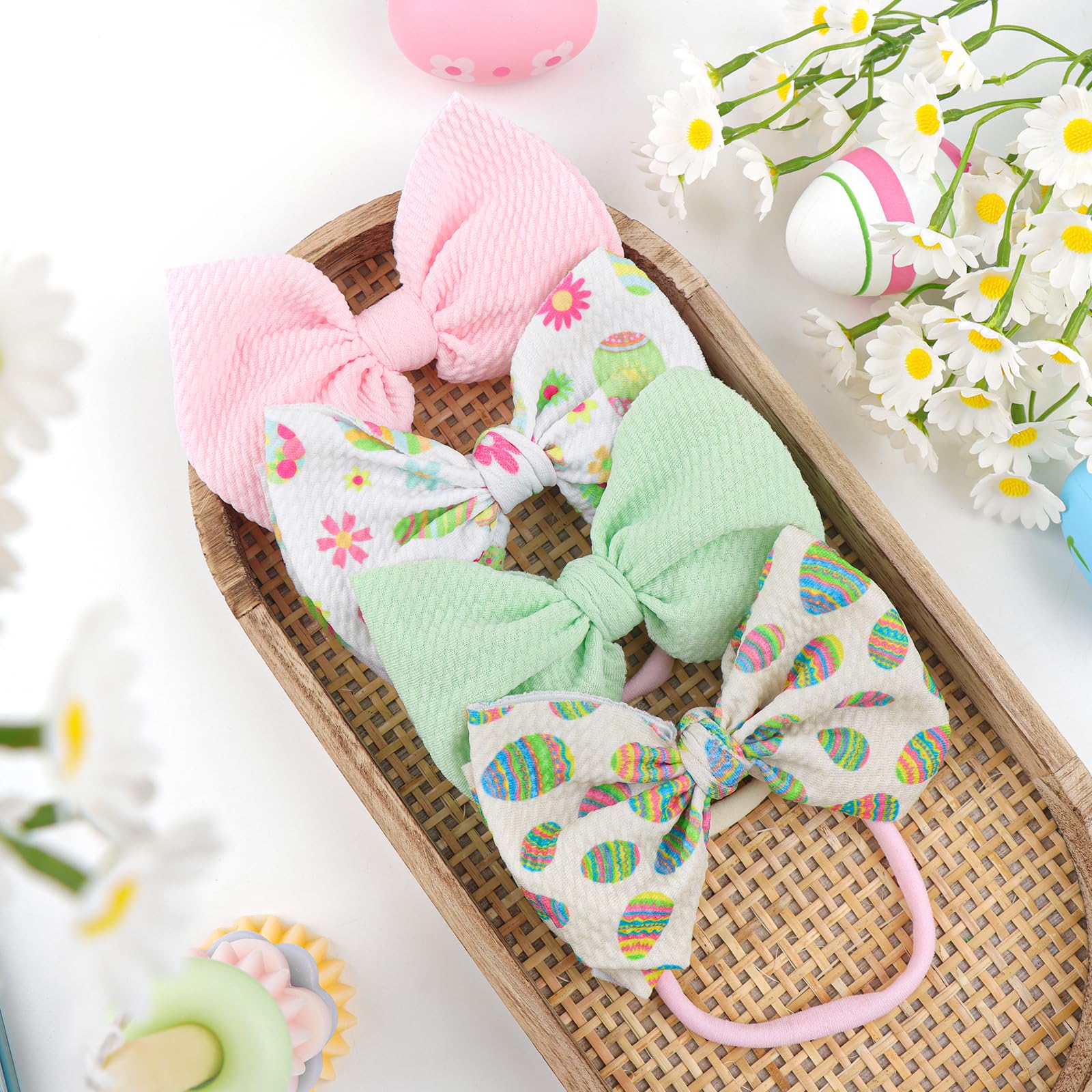 Easter Bunny Ears Headbands for Toddler Girls - 4 Pack Cute Rabbit Hair Bows with Egg Designs - Perfect Easter Gifts for Baby Girls & Infants - Great for Easter Egg Hunts, Church Services, and Spring Photoshoots
