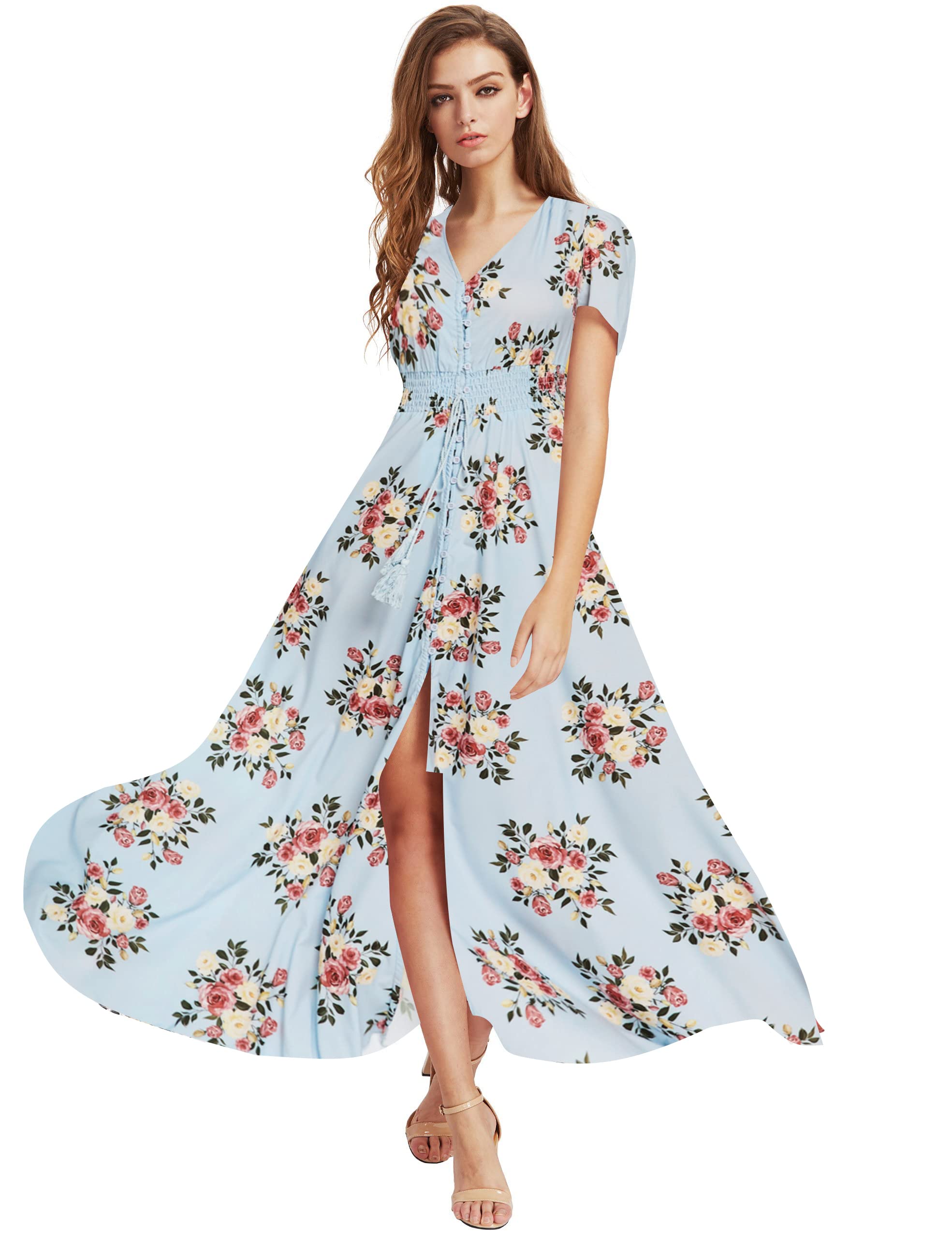 Milumia Women's Floral Print Button Up Maxi Dress with Side Slit - Elegant Party & Evening Gown for Weddings, Cocktail Events & Summer Vacations