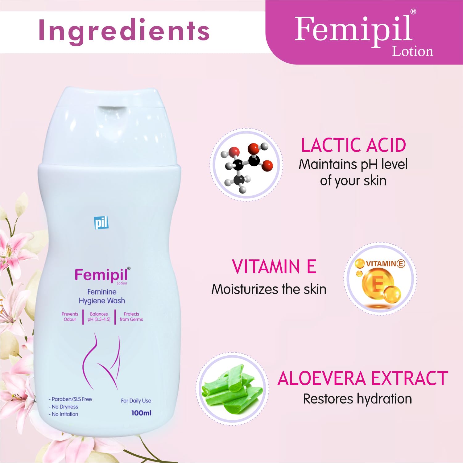 Pil Femipil Lotion - Intimate Wash for Women (100ml, Pack of 2) | Enriched with Vitamin E, Aloe Vera & Lactic Acid | Prevents Dryness, Itching & Irritation | Gentle pH-Balanced Feminine Hygiene for Daily Use & Post-Workout Care