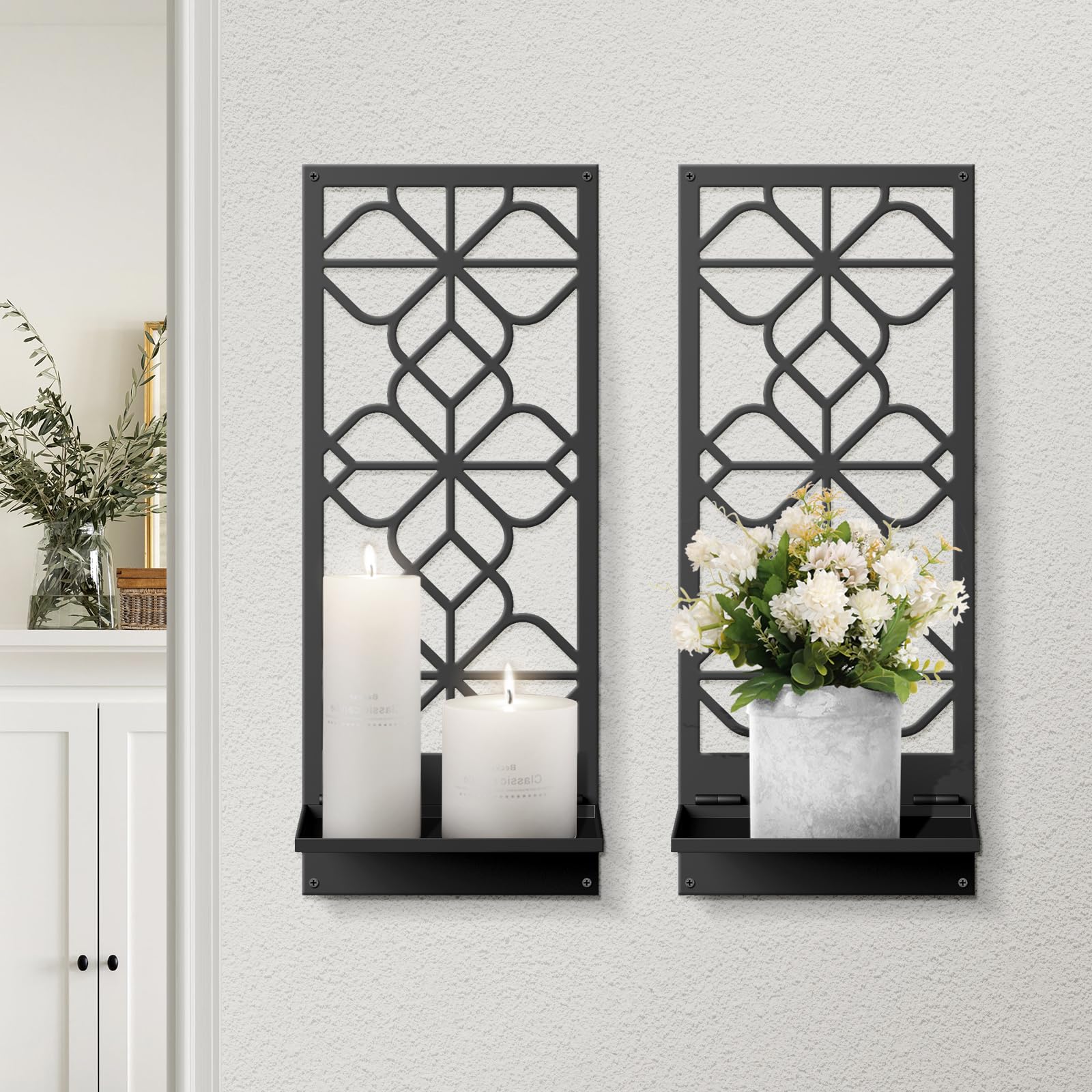 Black Metal Wall Decor - Minimalist Retro Candle Holder for Farmhouse, Bathroom & Living Room (2-Pack)