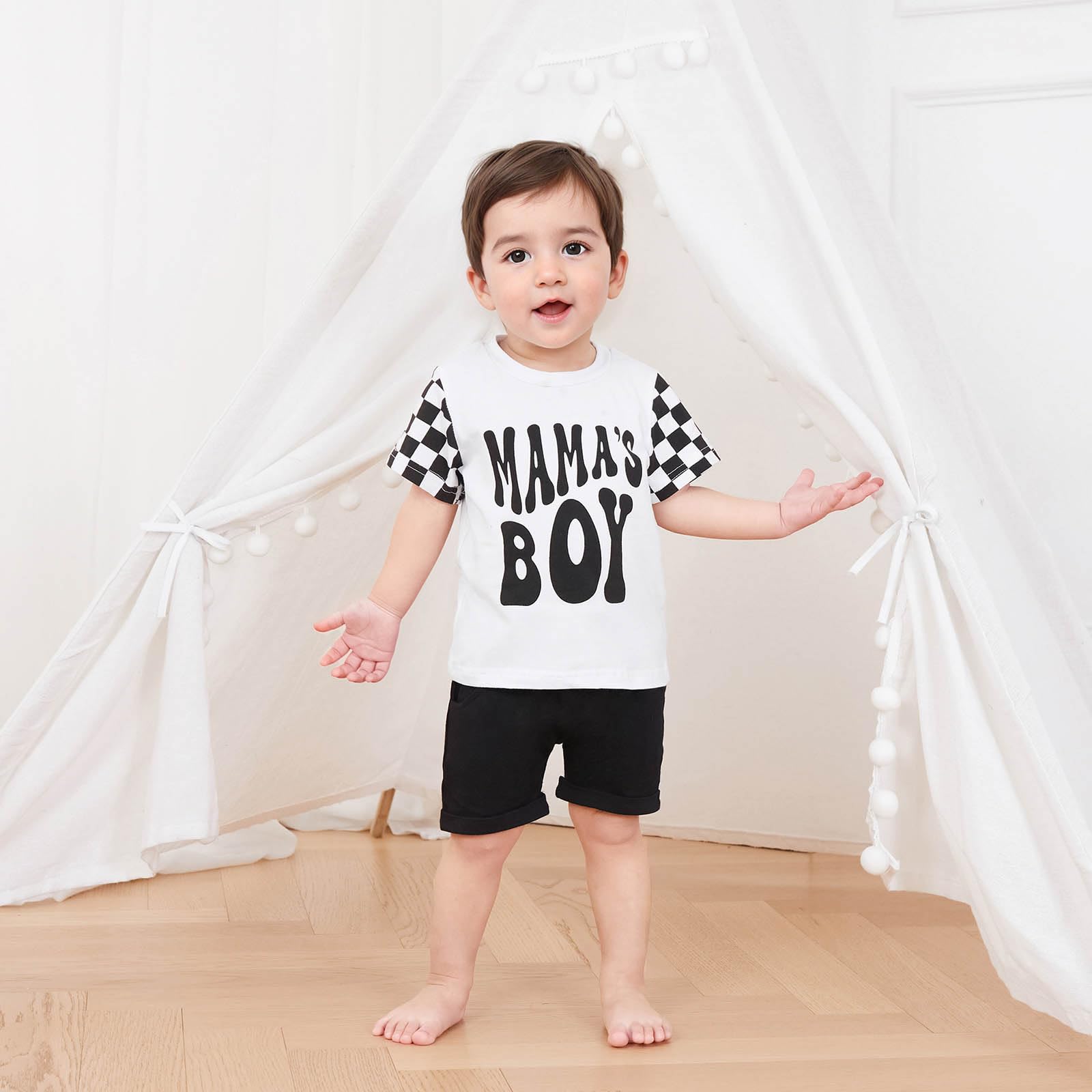 Toddler Baby Boy Summer Outfit - Checkerboard T-Shirt & Elastic Shorts Set | Newborn Infant Clothes for Playtime & Outdoor Activities