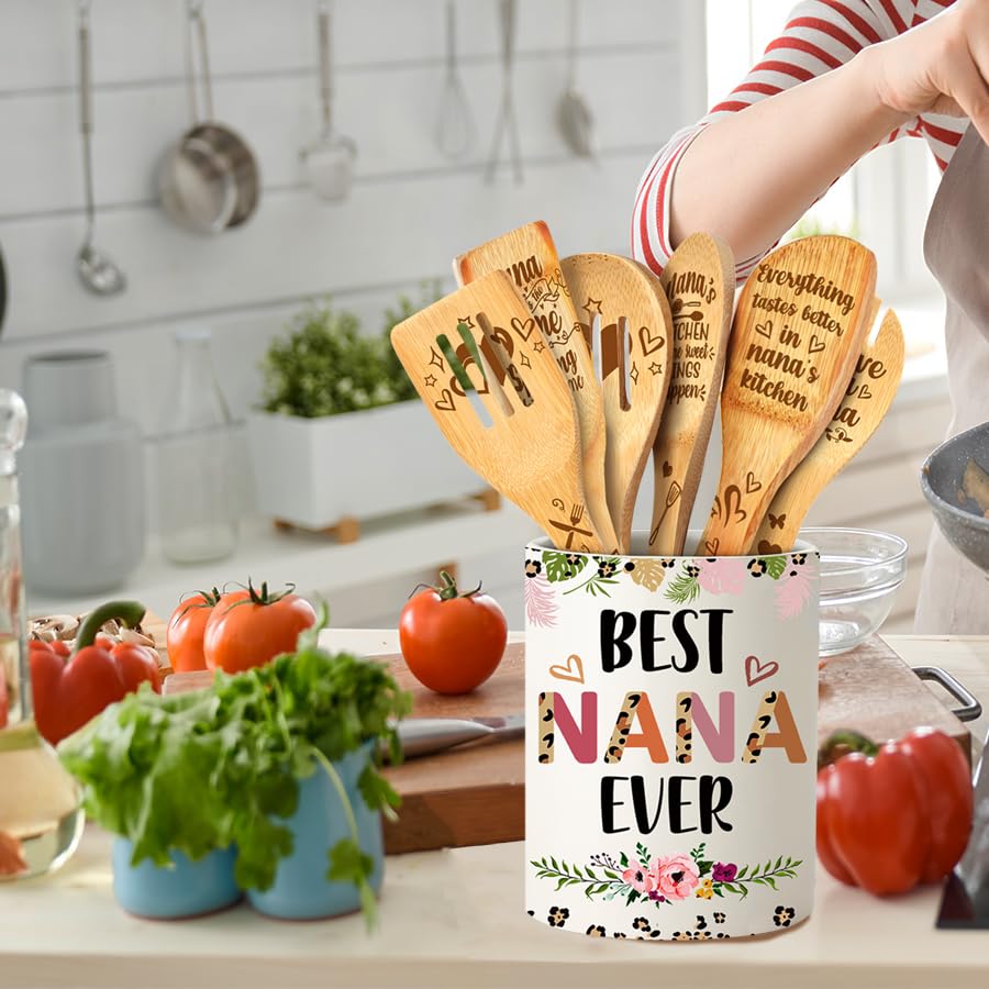 Ceramic Utensil Holder with Wooden Spoons - Perfect Christmas Gift for Nana & Grandma | Kitchen Organizer & Cooking Tools Set | Ideal for Home, Holiday Decor & Family Cooking
