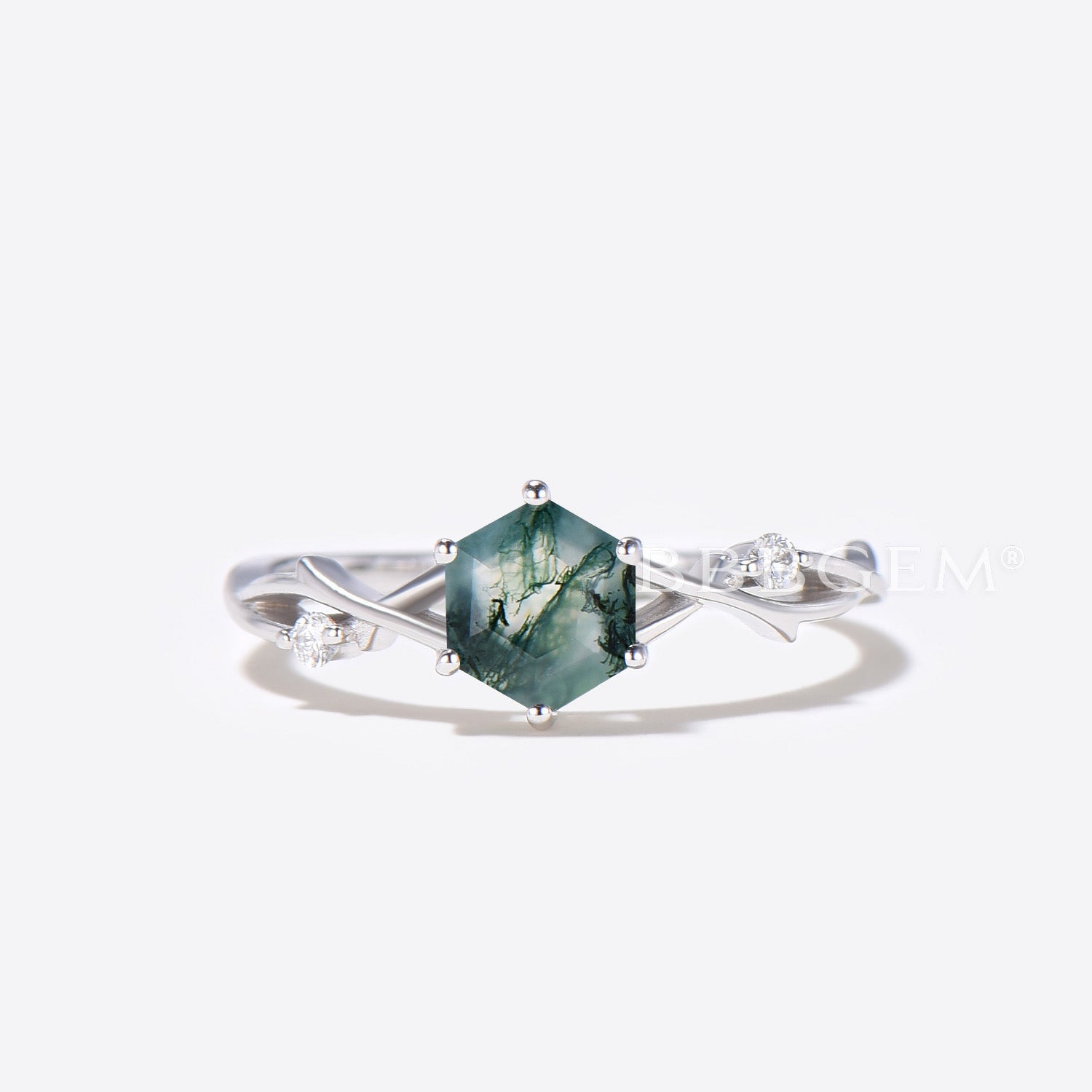 Twisted Vine Moss Agate Moissanite Engagement Ring - Hexagon Cut Wedding Band for Women, Nature-Inspired Jewelry for Brides, Anniversary Gifts & Boho Style Occasions