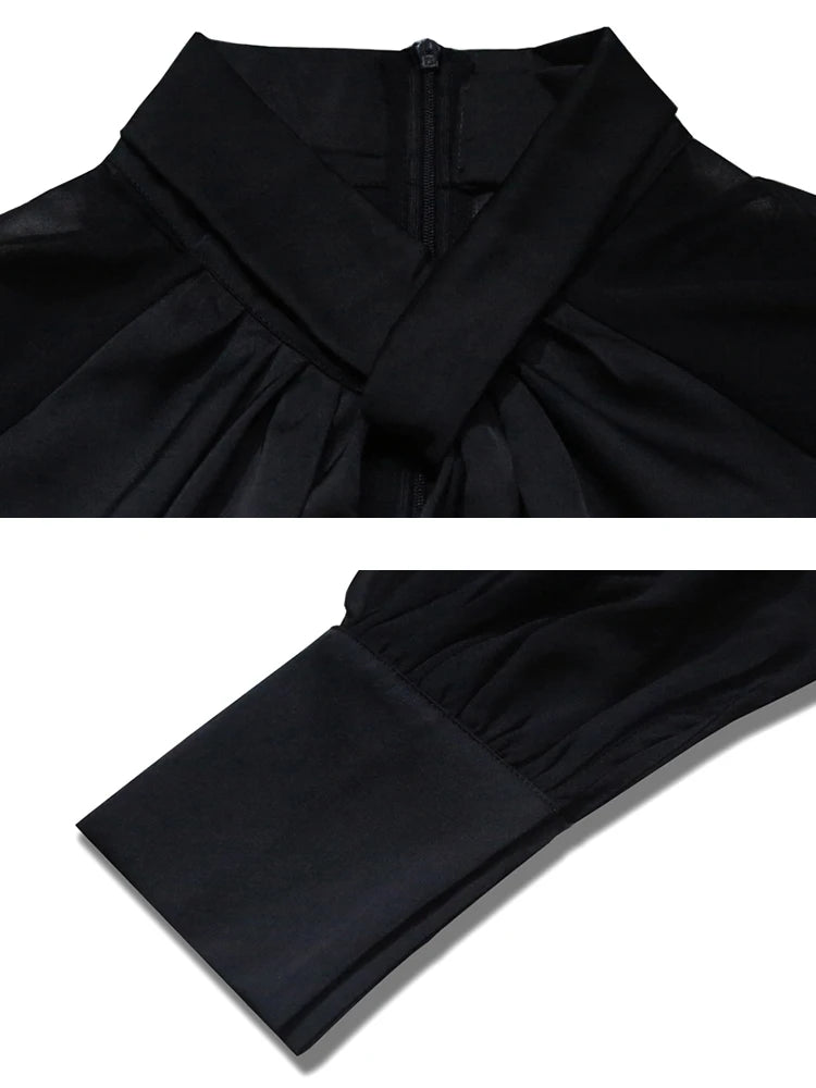 Women's Black Stand Collar Loose Long Sleeve Blouse with Cut Out Detail - Casual Solid Pullover Top for Fall Fashion | Perfect for Office Wear, Date Nights & Autumn Layering