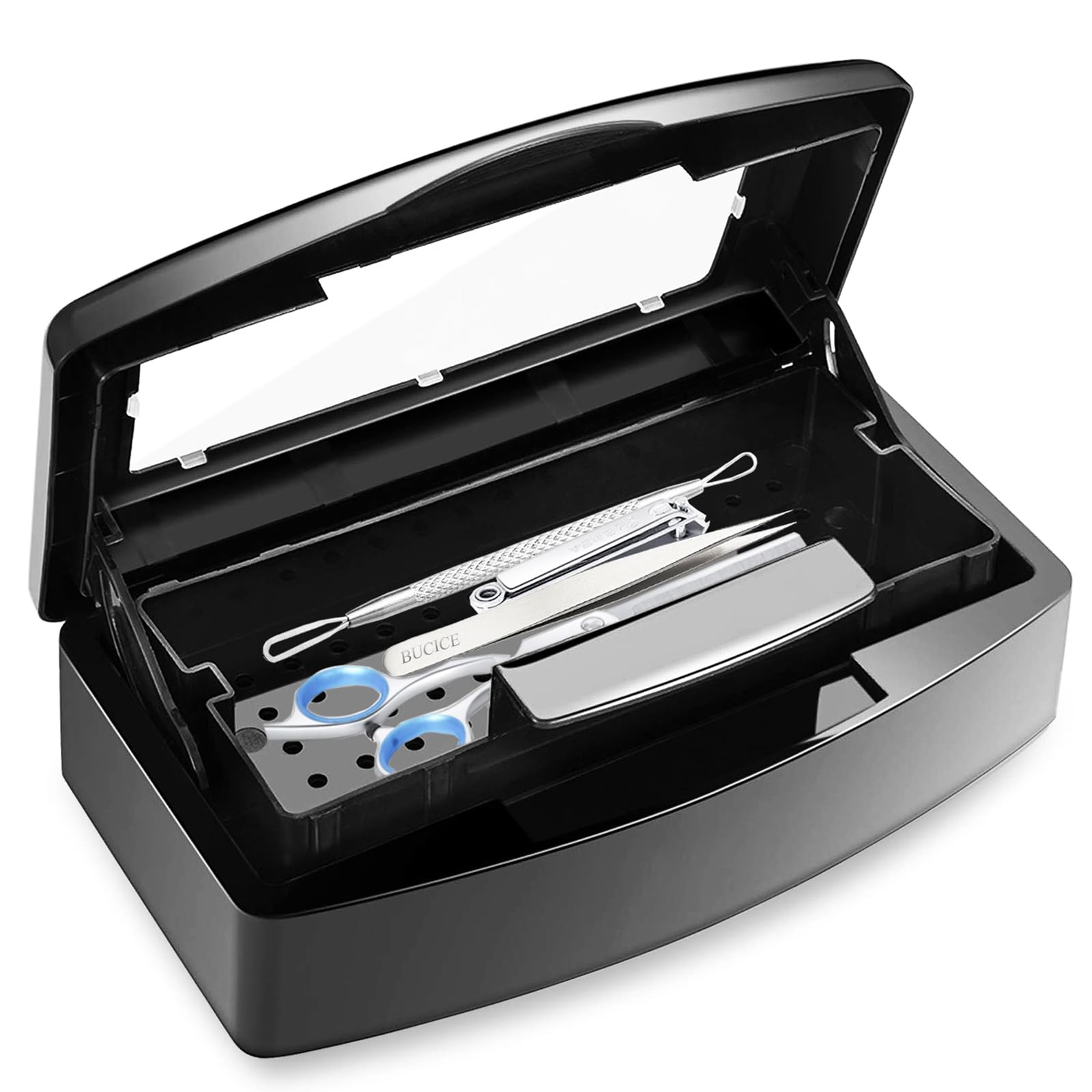 BUCICE UV Nail Tool Sterilizer Tray - Professional Salon-Grade Sterilization for Tweezers, Nail Clippers & Beauty Tools (Black) | Essential for Nail Technicians, Hair Salons & Home Manicure Kits