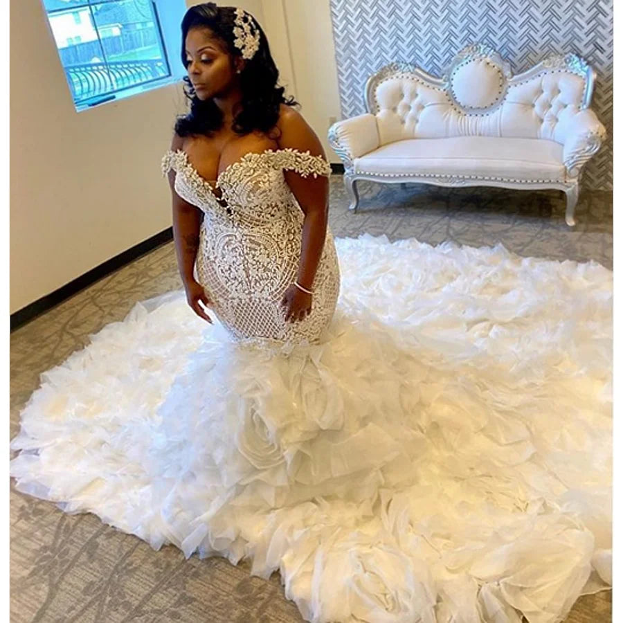 Luxury Off Shoulder Mermaid Wedding Dress with Ruffle Skirt - Elegant Ball Gown for Brides, Beach Weddings & Formal Ceremonies