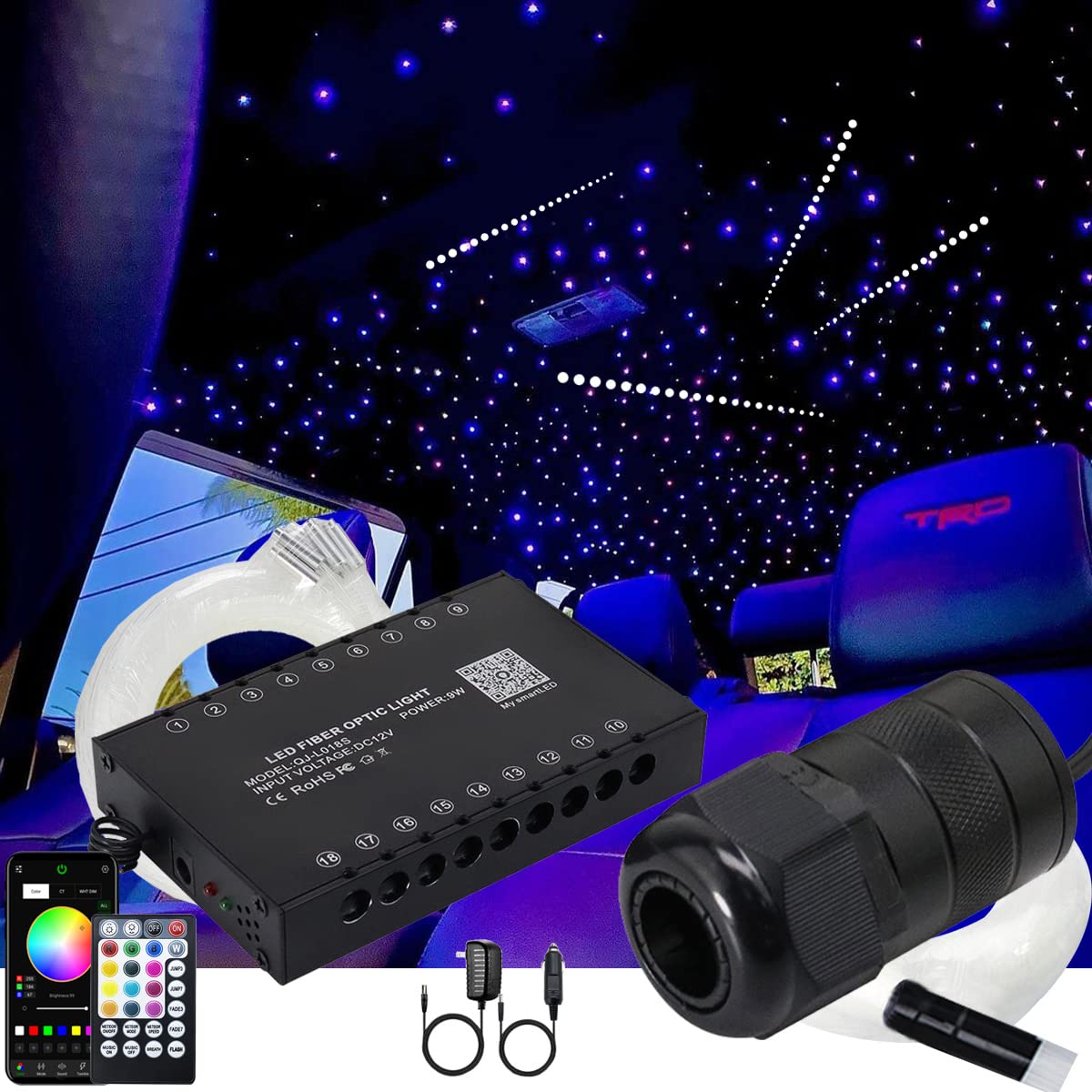 AZIMOM 6W RGBW Fiber Optic Starlight Headliner Kit - 450pcs 13.1ft Fiber Strands with 18 LED Pure White Shooting Stars | Sound Activated, Remote & App Control | Perfect for Car Ceiling & Home Decor | Create Stunning Starry Night Effects for Romantic Dates & Relaxing Ambiance