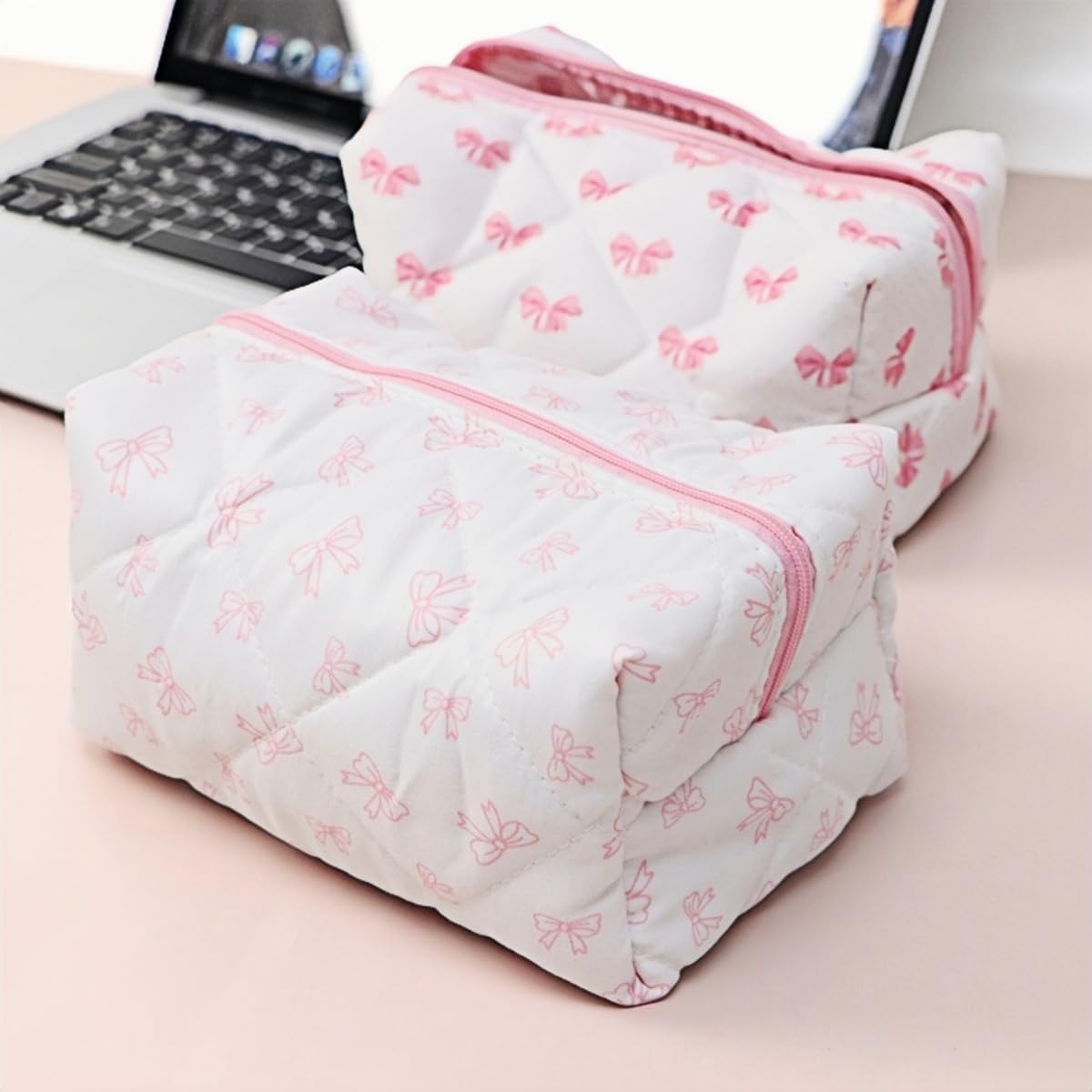 MIASHUI Cute Quilted Bow Makeup Bag | Y2K Preppy Floral Cosmetic Pouch | Women's Toiletry Organizer Travel Bag (Pink) | Perfect for School, Travel & Gift Giving