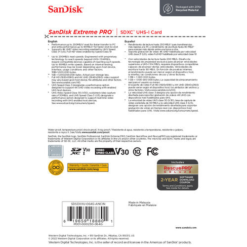 SanDisk Extreme PRO 64GB SDXC UHS-I Memory Card - 200MB/s Read Speed for DSLR Cameras, 4K Video & High-Speed Photography - Perfect for Professional Photographers & Videographers