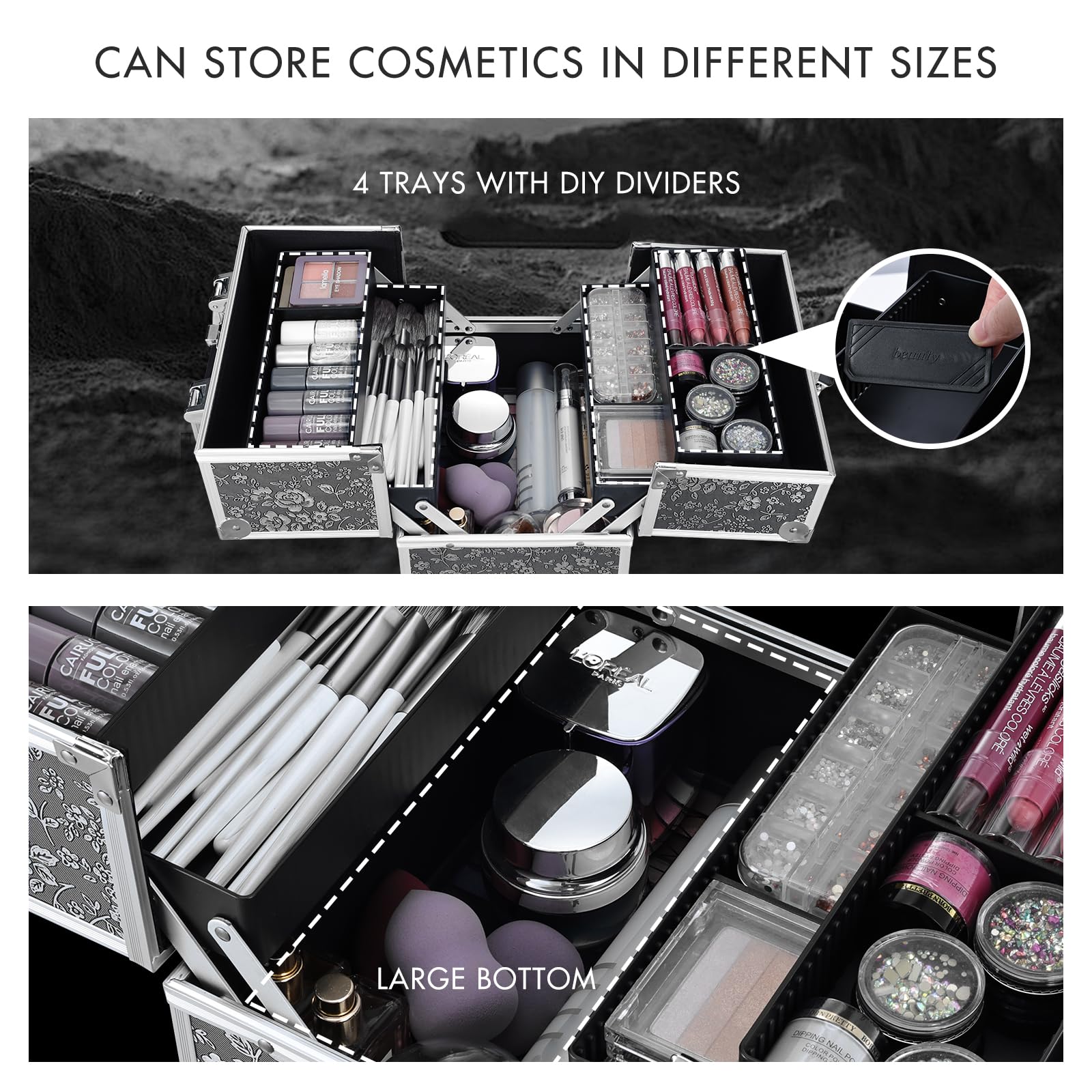Frenessa 4-Tier Floral Makeup Train Case - Lockable Cosmetic & Jewelry Organizer with Portable Travel Design for Women & Girls - Perfect for Travel, Home Storage & Salon Use - Silver Floral