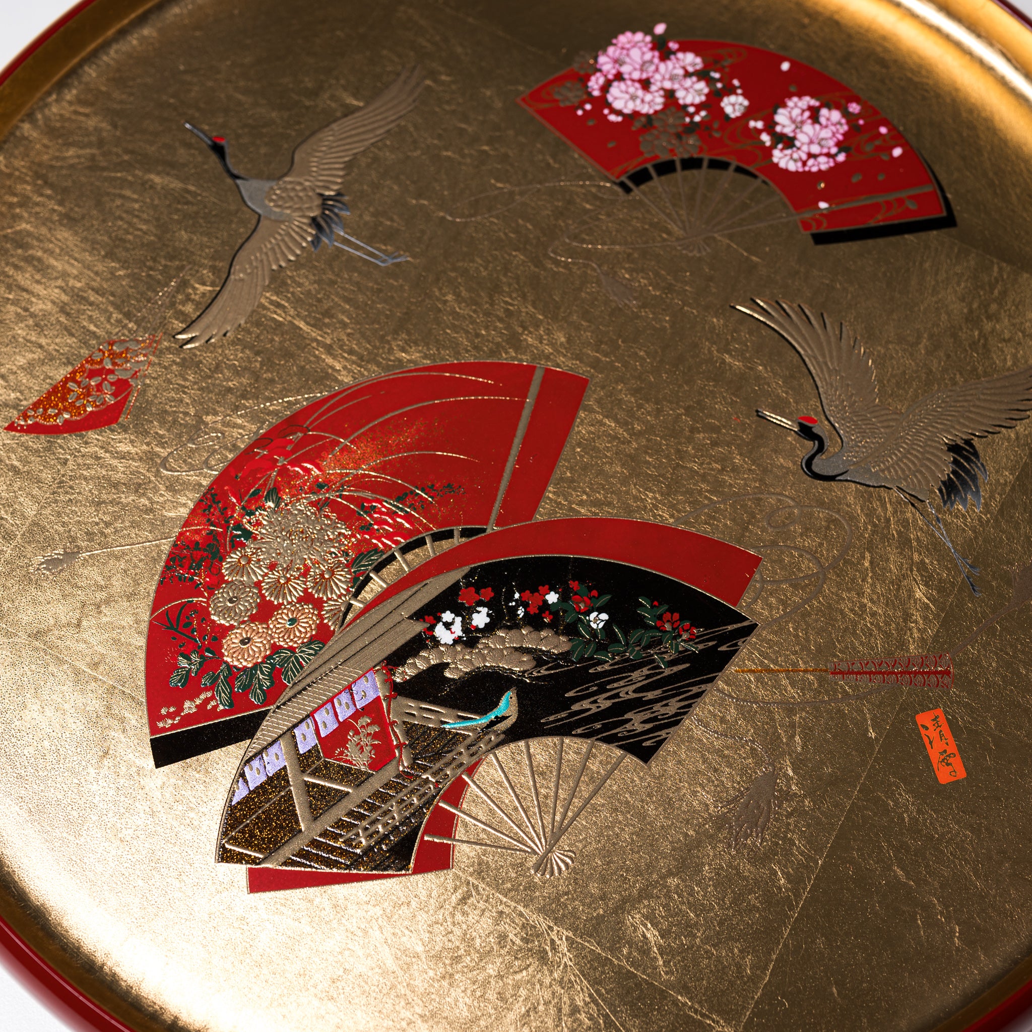 Premium Modern Yamanaka Lacquerware Tray with Gold Fan Motif - 27cm Handcrafted Japanese Serving Tray for Tea Ceremony, Sushi Presentation & Home Decor