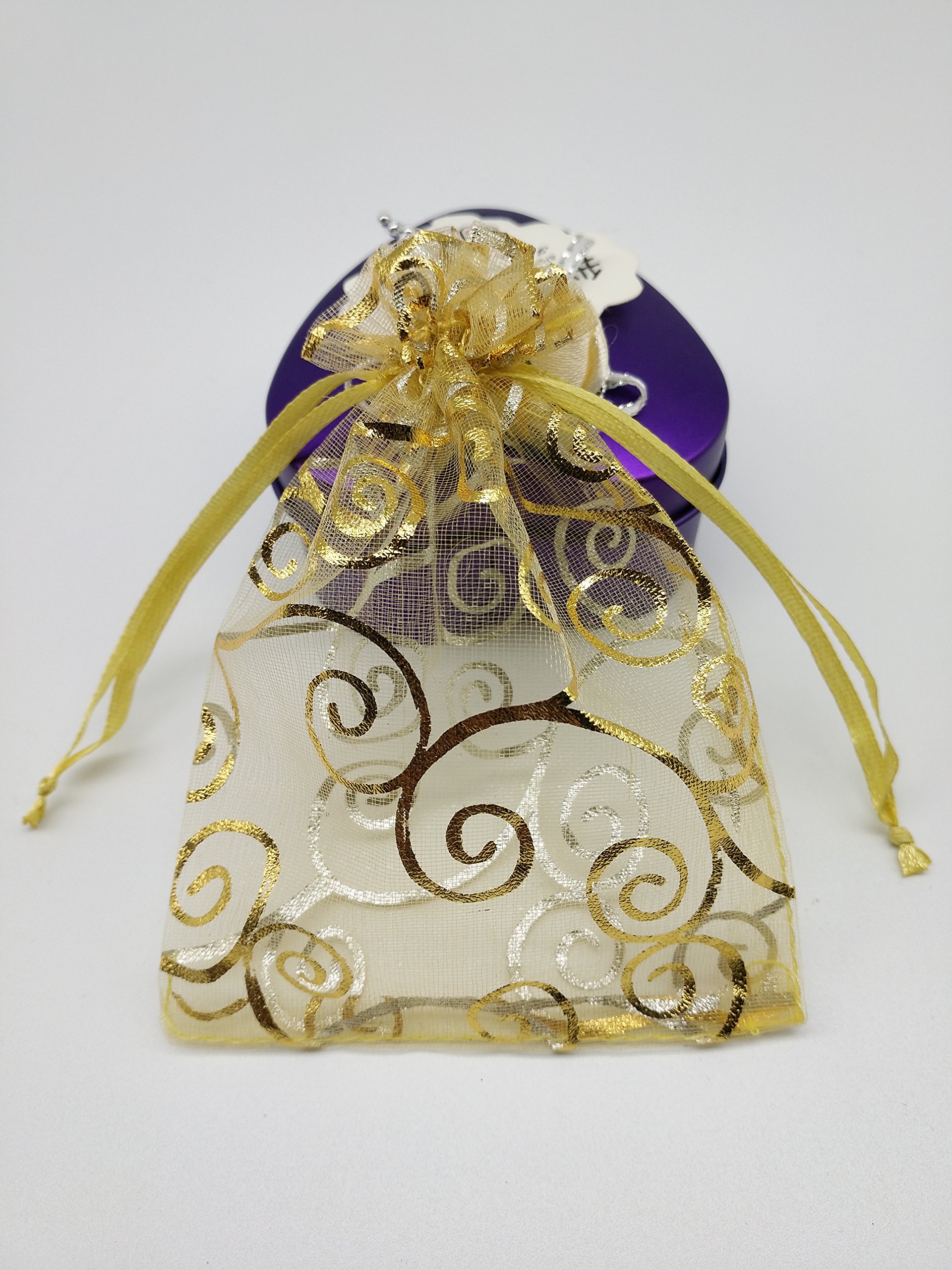 100pcs Sheer Organza Favor Bags 4x6 Inch Gold - Elegant Wedding Gift Bags, Baby Shower Party Favors, Rattan Print Drawstring Pouches for Candy, Jewelry & Small Gifts - Perfect for Bridal Showers, Birthday Parties and Special Events