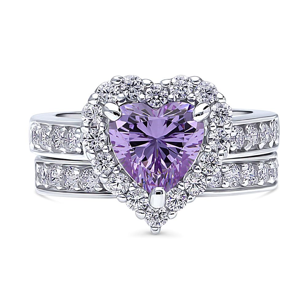 BERRICLE Sterling Silver Halo Wedding Engagement Ring Set - Purple Heart Shaped Cubic Zirconia CZ Statement Ring for Women, Rhodium Plated Size 4-10 | Perfect for Valentine's Day, Anniversary Gifts & Romantic Proposals