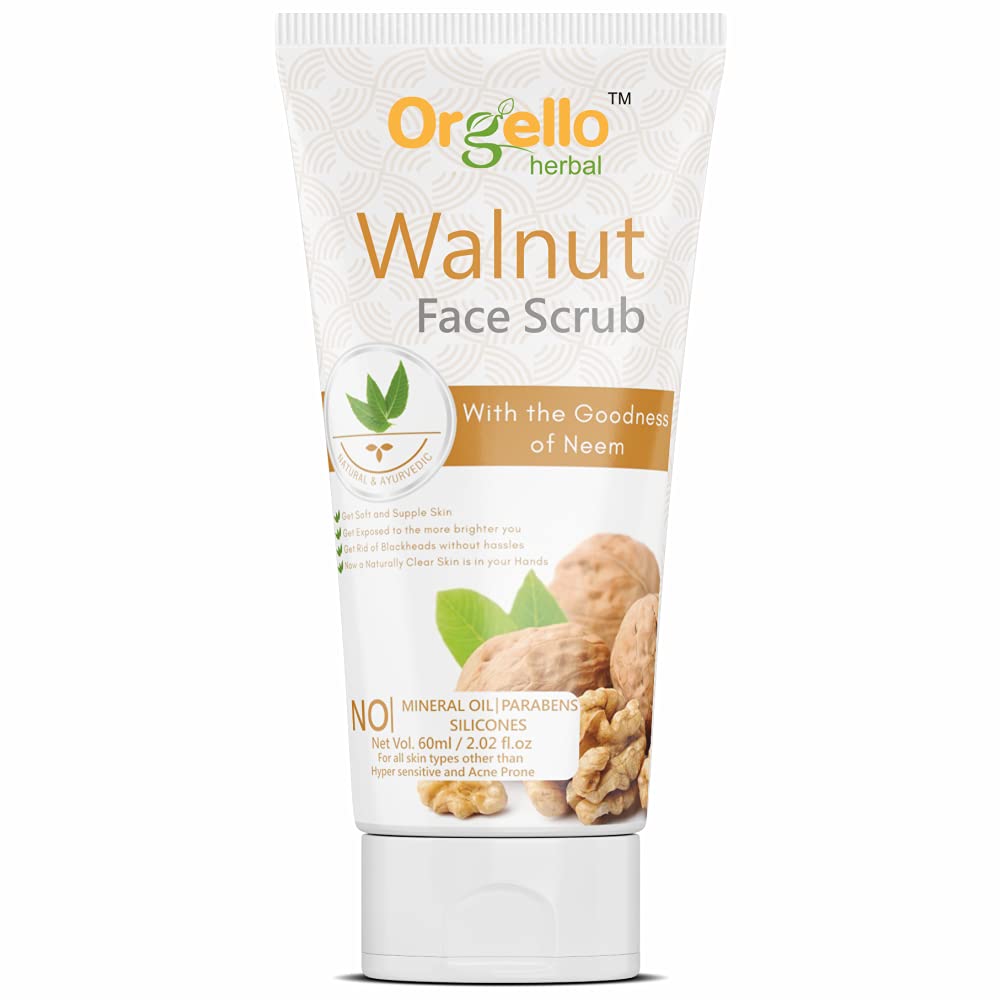 Orgello Herbal Walnut Scrub 60g (Pack of 2) - Natural Face & Body Exfoliator for Men & Women - SLS, Paraben & Mineral Oil Free - Ideal for Normal, Oily & Dry Skin - Perfect for Daily Skincare Routine & Spa Treatment at Home