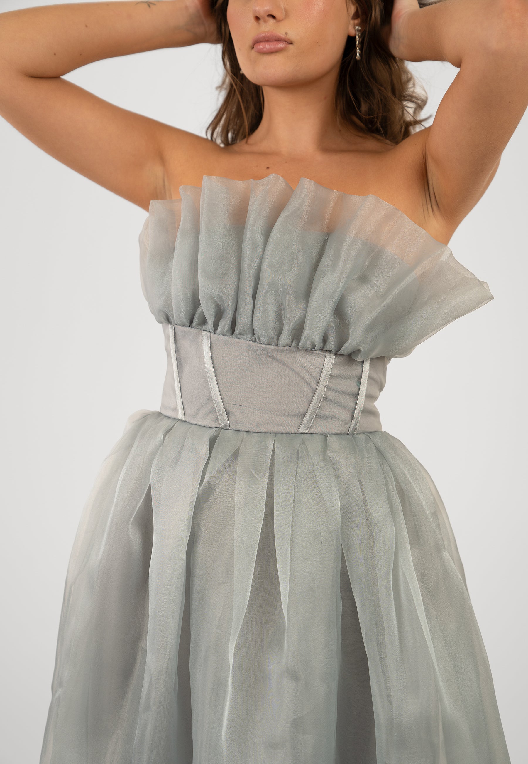 Elegant Grey Organza Midi Dress for Women | Noah Formal & Party Dress | Perfect for Weddings, Cocktail Parties & Special Occasions