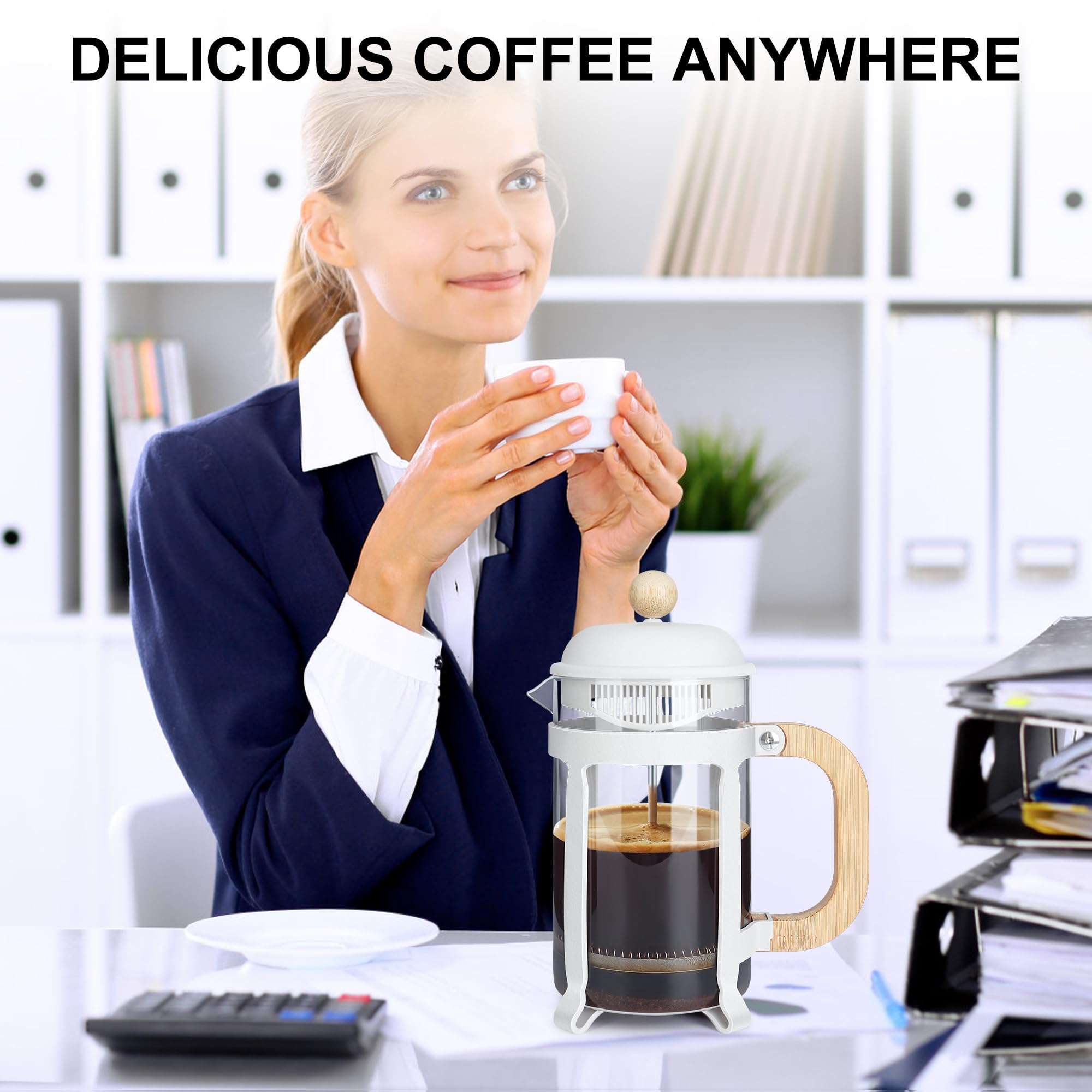 Premium 28oz French Press Coffee & Tea Maker - 304 Stainless Steel with Heat-Resistant Glass - White - Perfect for Home, Office & Camping Brewing