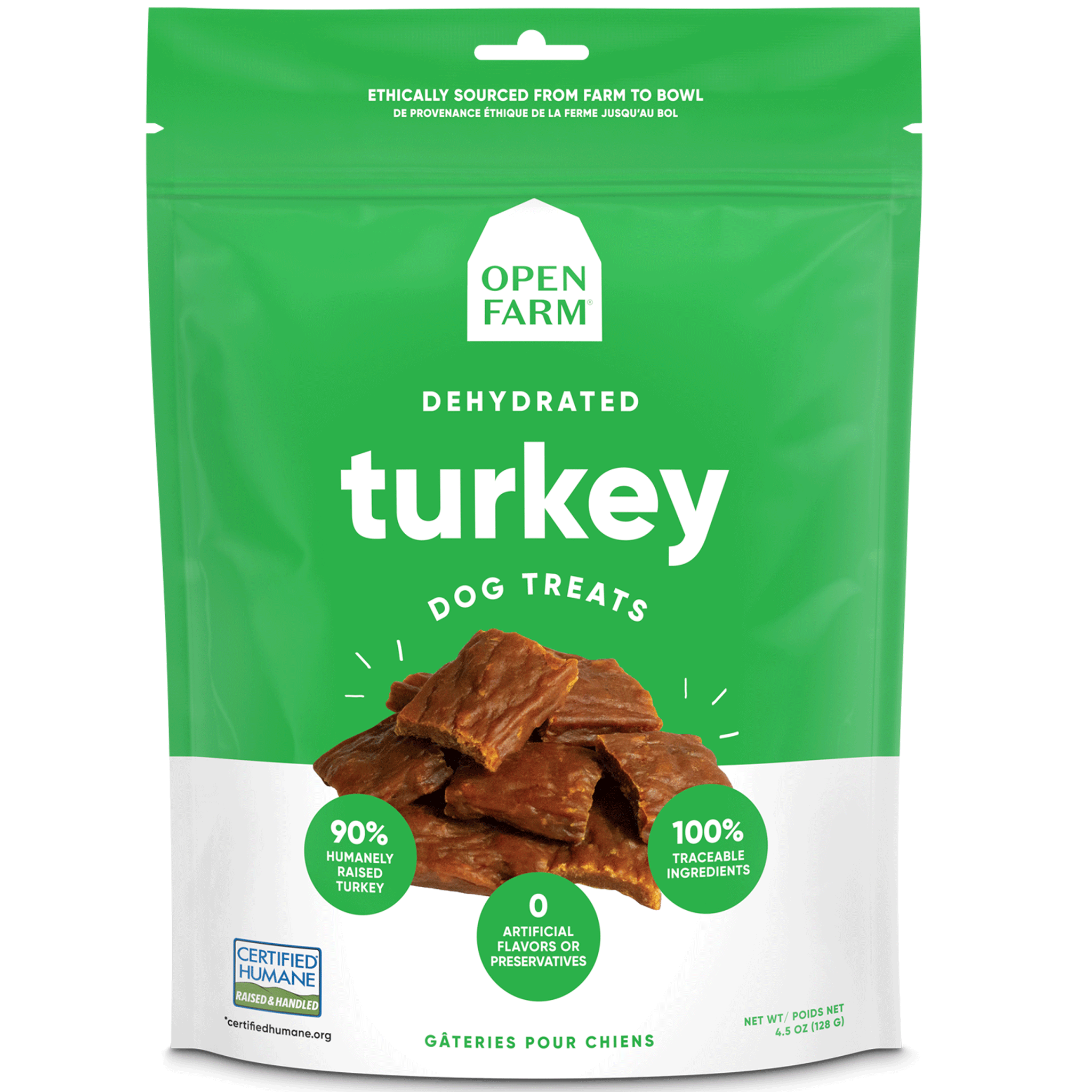Open Farm Dehydrated Turkey Dog Treats - 4.5oz | Grain-Free, All-Natural Training Snacks for Small & Large Dogs | Perfect for Training, Rewards & Travel