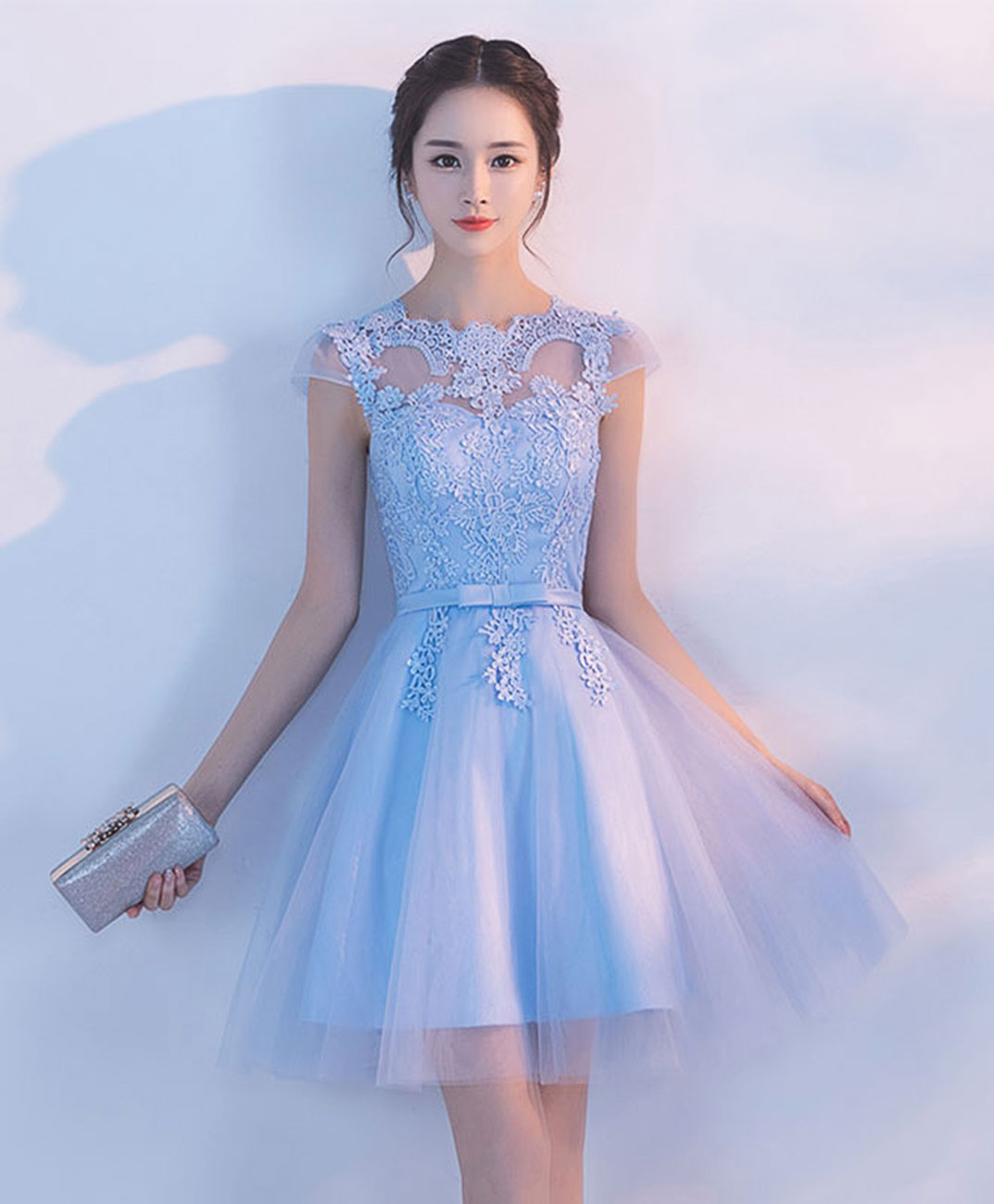 Light Blue A-Line Tulle Lace Short Prom Dress for Homecoming, Party, and Special Occasions - Elegant Formal Evening Gown for Teens and Juniors