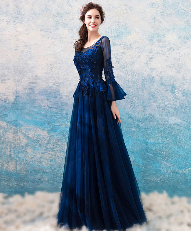 Elegant Blue Round Neck Lace Tulle Long Prom Dress for Women - Romantic Lace Evening Gown for Formal Events, Homecoming, and Special Occasions