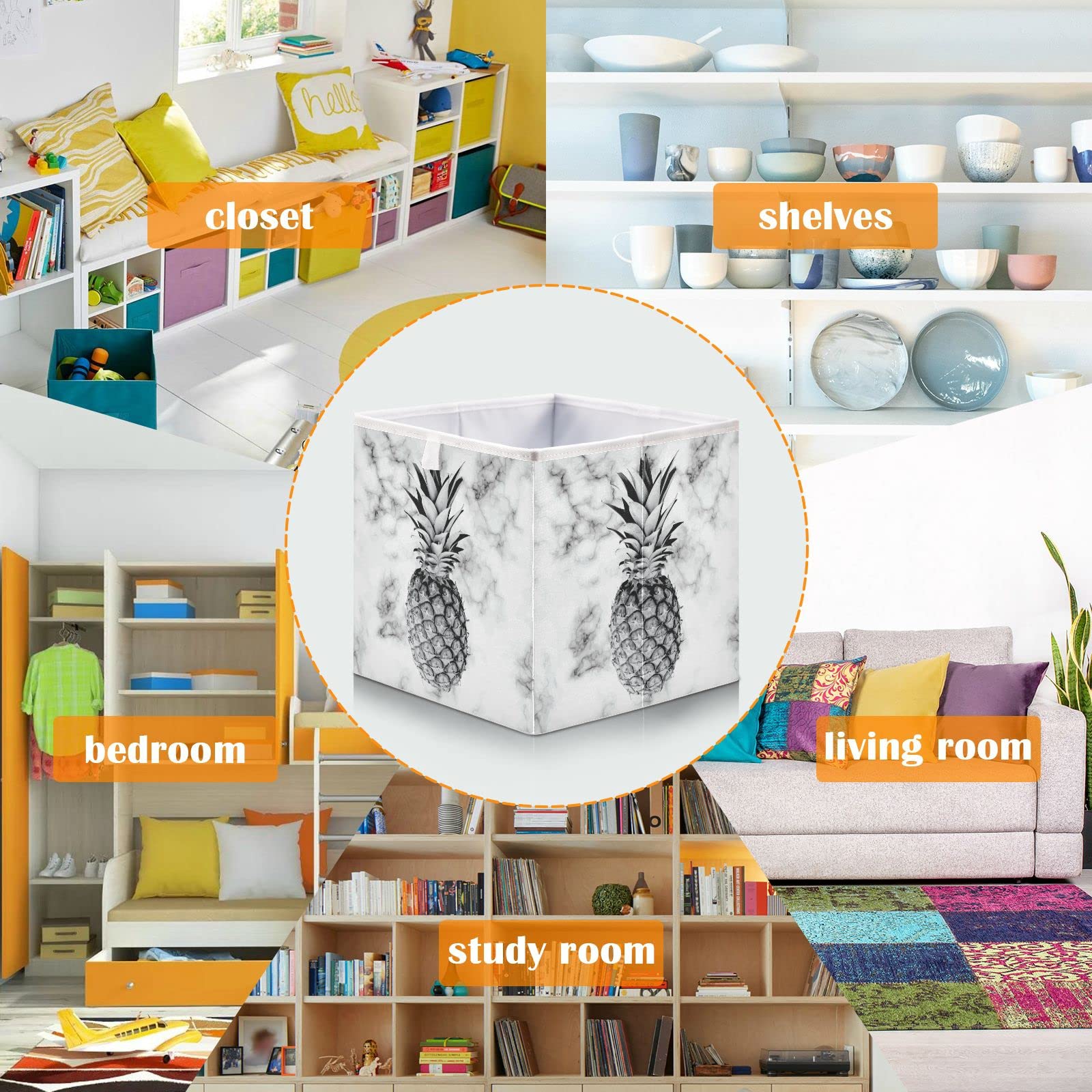 Marble Pineapple Collapsible Storage Cube - Square Storage Bin Organizer for Living Room, Car, Office & Bedroom | Stylish Home Decor & Space-Saving Solution
