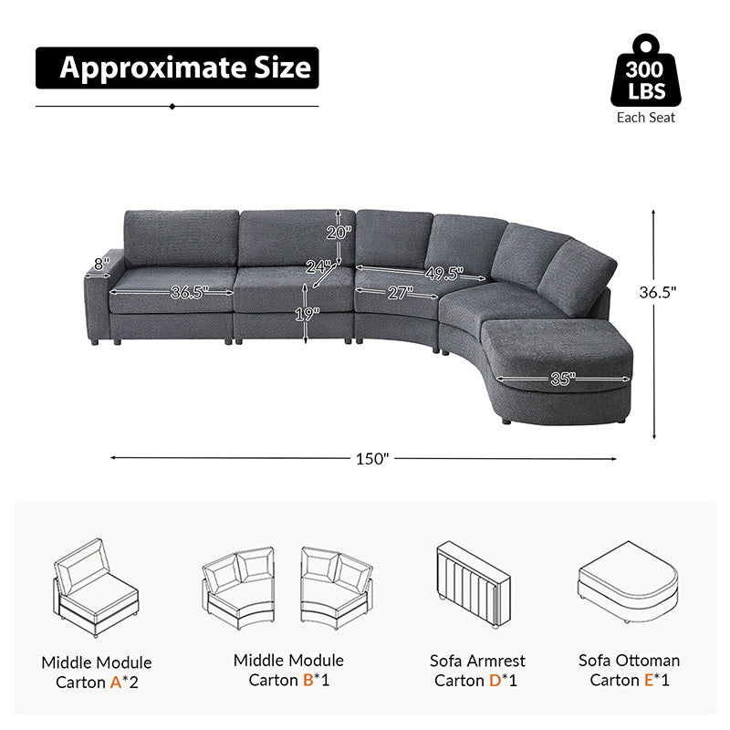 Aeris Modern Curved Sectional Sofa Set - L-Shaped Couch with Ottoman for Living Room, Lounge & Entertainment Spaces | Contemporary Fabric Upholstery, Comfortable Seating for Family & Guests