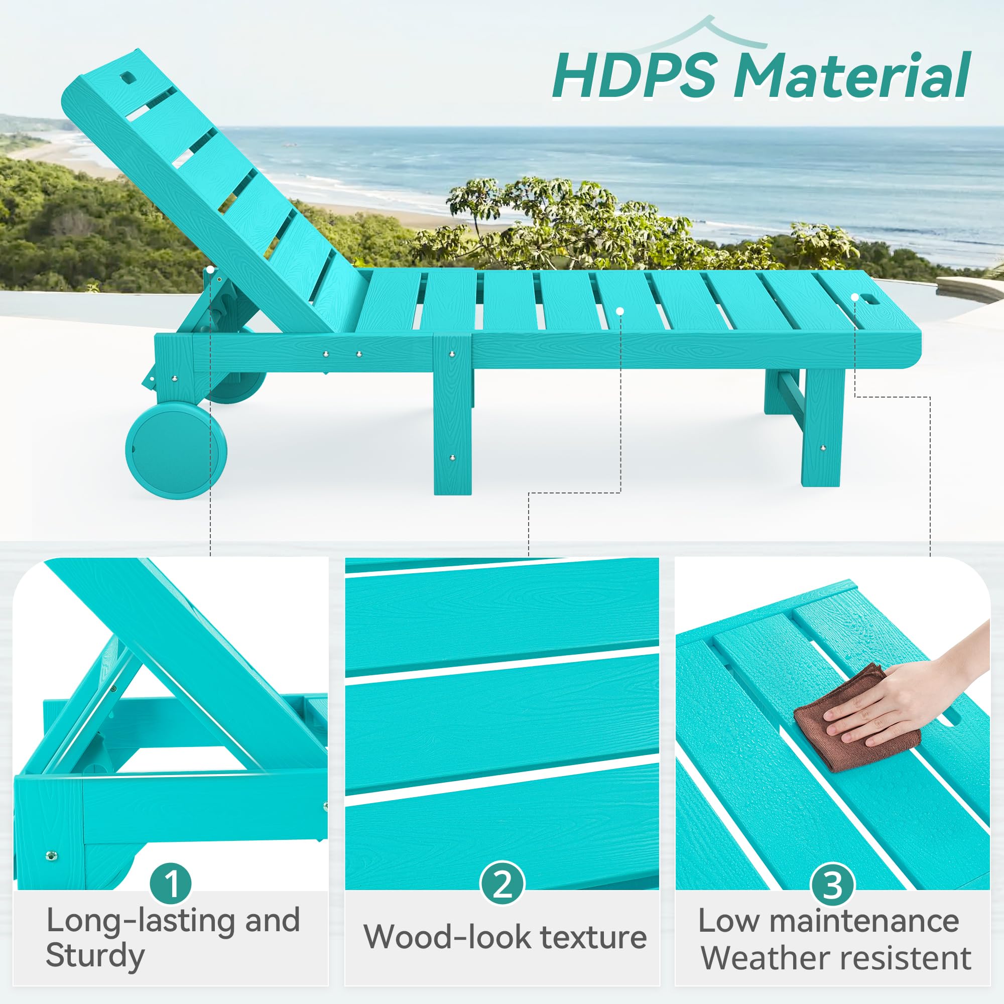 3-Piece Outdoor Chaise Lounge Chair Set with Table - HDPS Material, 5-Position Adjustable Backrest & Wheels - Perfect for Poolside, Beach, Patio & Backyard Relaxation