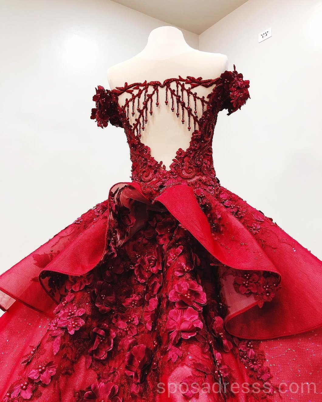Elegant Off Shoulder Red Lace Ball Gown - Long Evening Prom Dress for Women | Custom Sweet 16 Dresses | Perfect for Formal Events, Homecoming, Quinceañera & Special Occasions