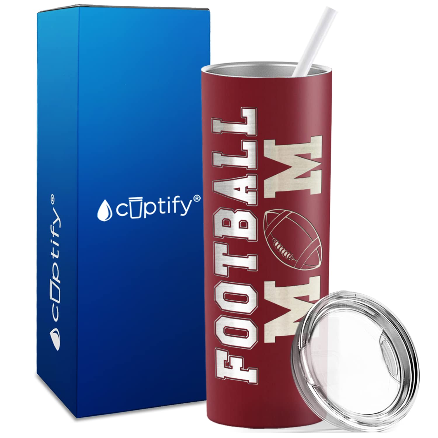 Cuptify Football Mom Laser Engraved 20oz Skinny Tumbler - Insulated Stainless Steel Cup with Lid & Straw - Maroon Color - Perfect Gift for Soccer Moms, Team Games & Tailgating