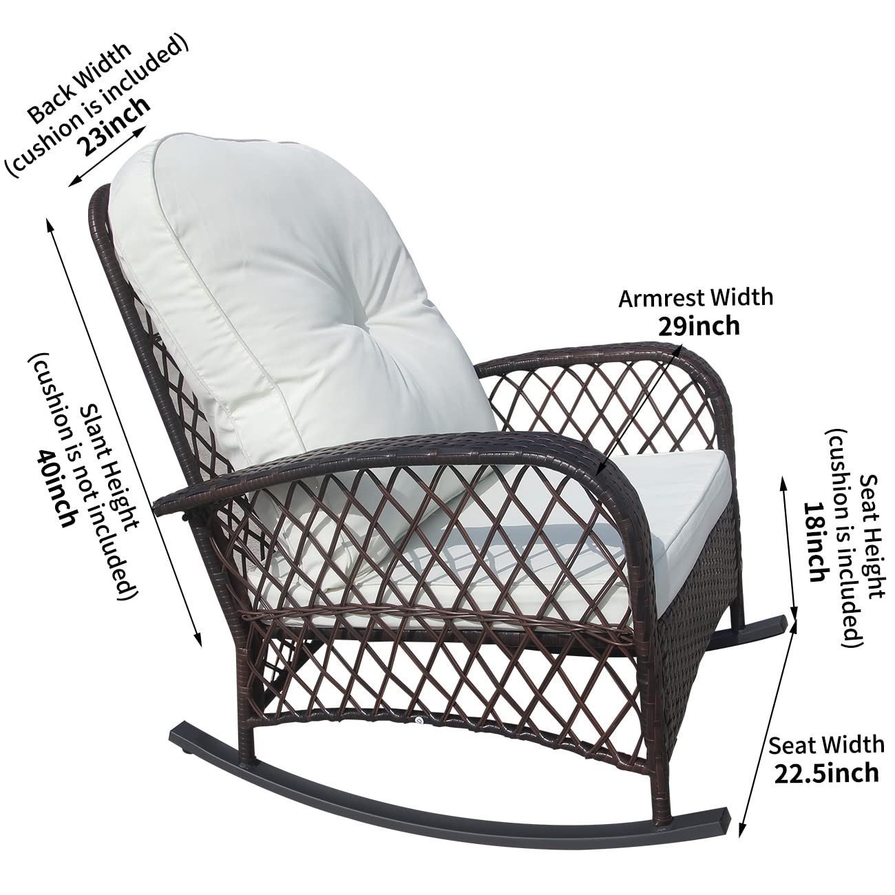 2 Pack PE Rattan Rocking Chairs with White Cushions - Modern Wicker Patio Furniture Set for Outdoor & Indoor Use - Comfortable Garden Rocker for Porch, Deck, Poolside & Living Room Relaxation