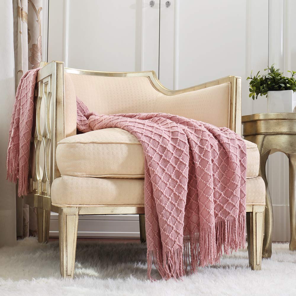 CREVENT Light Blush Pink Knit Throw Blanket - Soft & Cozy 50