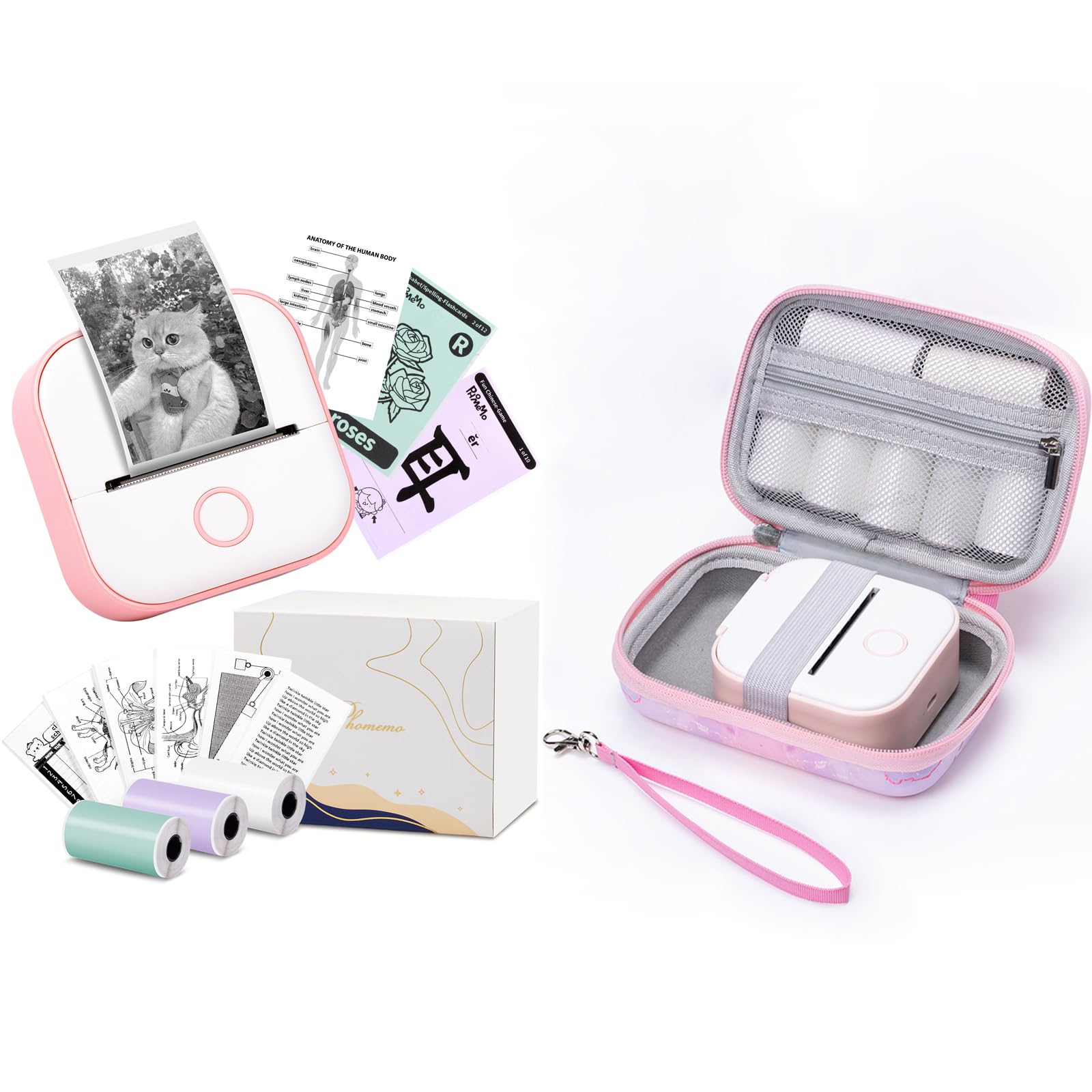 Memoking Mini Sticker Printer - T02 Portable Wireless Thermal Printer for iPhone & Android, Compact Bluetooth Receipt Printer with 3 Rolls Paper & Hard Storage Case (Pink) - Perfect for Small Business, Home Labeling, DIY Crafts & Gift Wrapping