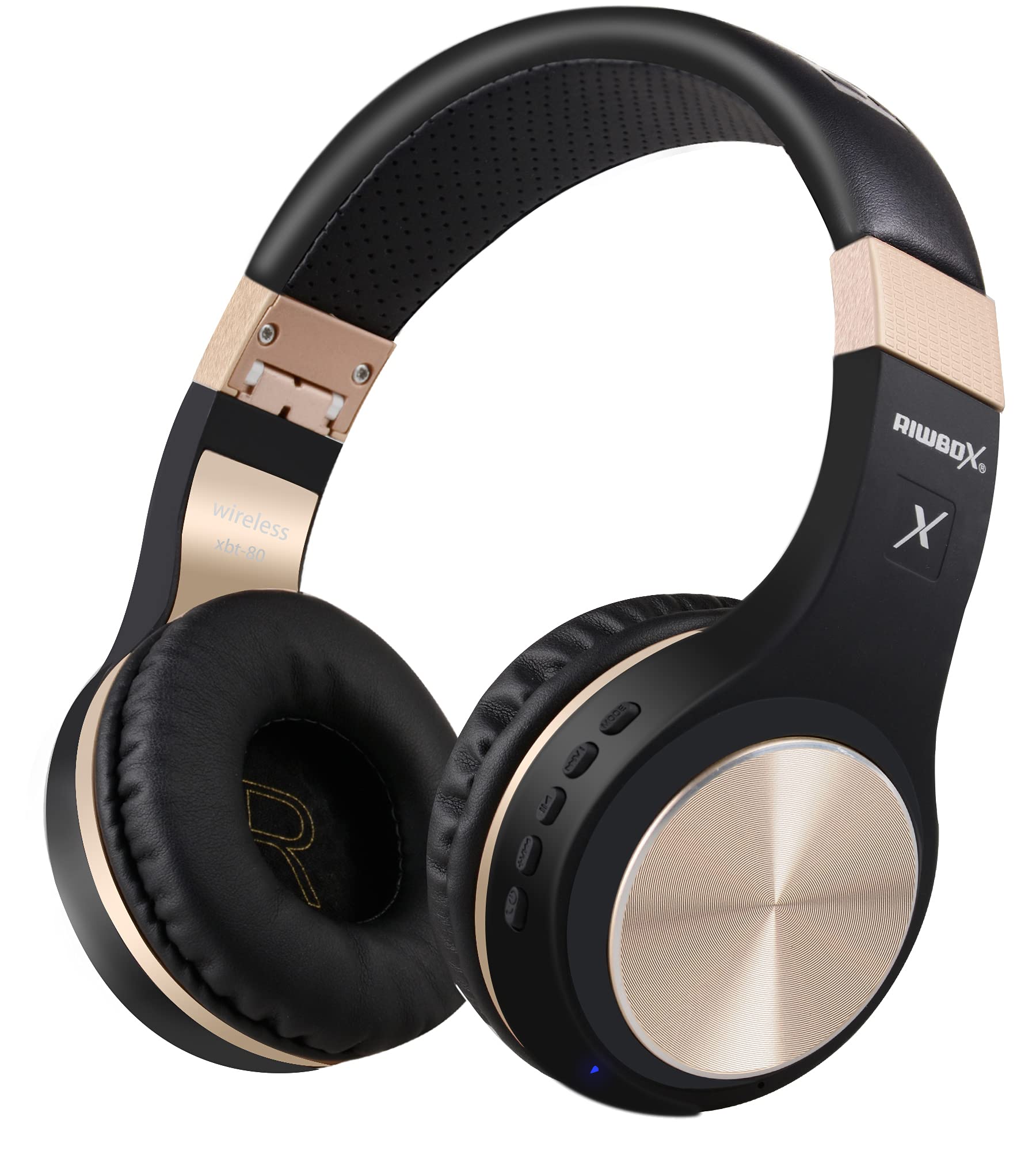 Riwbox XBT-80 Wireless Bluetooth Headphones with Microphone - Foldable Over-Ear Headset with Volume Control for iPhone, iPad, Laptop, TV - Perfect for Travel, Workouts & Home Entertainment (Black & Gold)