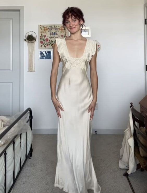Ivory Sheath Satin Prom Dress with Lace Neckline - Elegant Wedding Gown J4968 for Bridal Party, Formal Events & Special Occasions