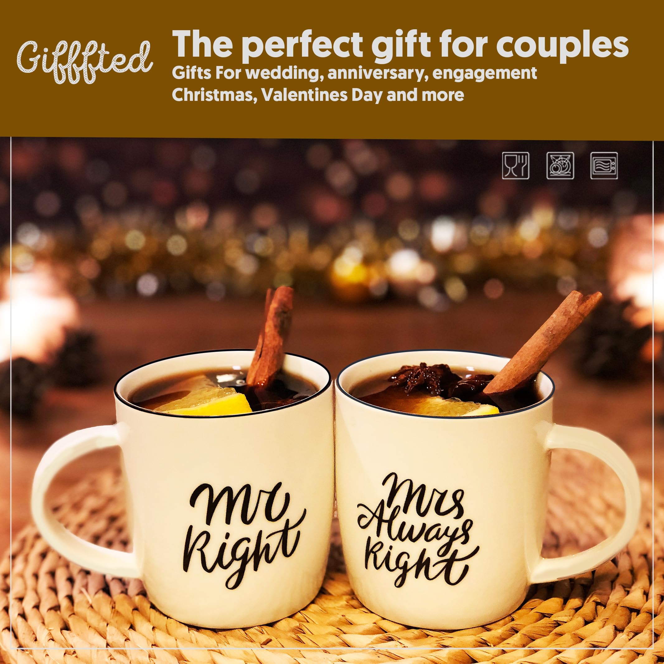 His and Hers Coffee Mugs Gift Set - Mr Right & Mrs Always Right Couple Mugs for Wedding, Anniversary, Engagement - Perfect for Newlyweds, Parents, Christmas Gifts - Romantic Gift for Couples, Husband & Wife - Ideal for Morning Coffee, Date Nights & Anniversary Celebrations