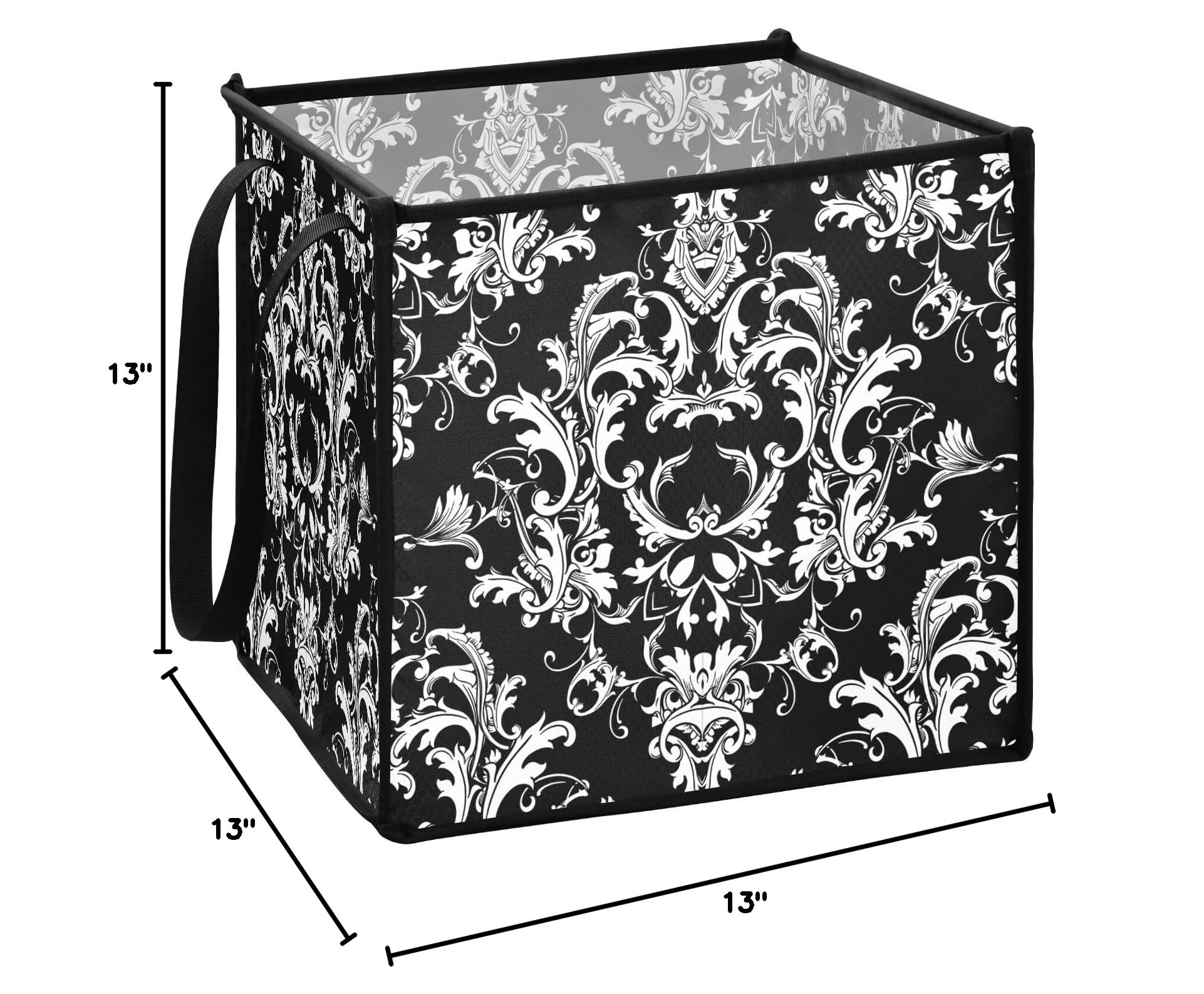 Baroque Damask Seamless Black Square Collapsible Storage Bins - 13x13x13 Inch Foldable Fabric Toy Organizer with Handles for Nursery, Shelves & Closet - Perfect for Kids' Room Organization, Home Decor and Gift Storage