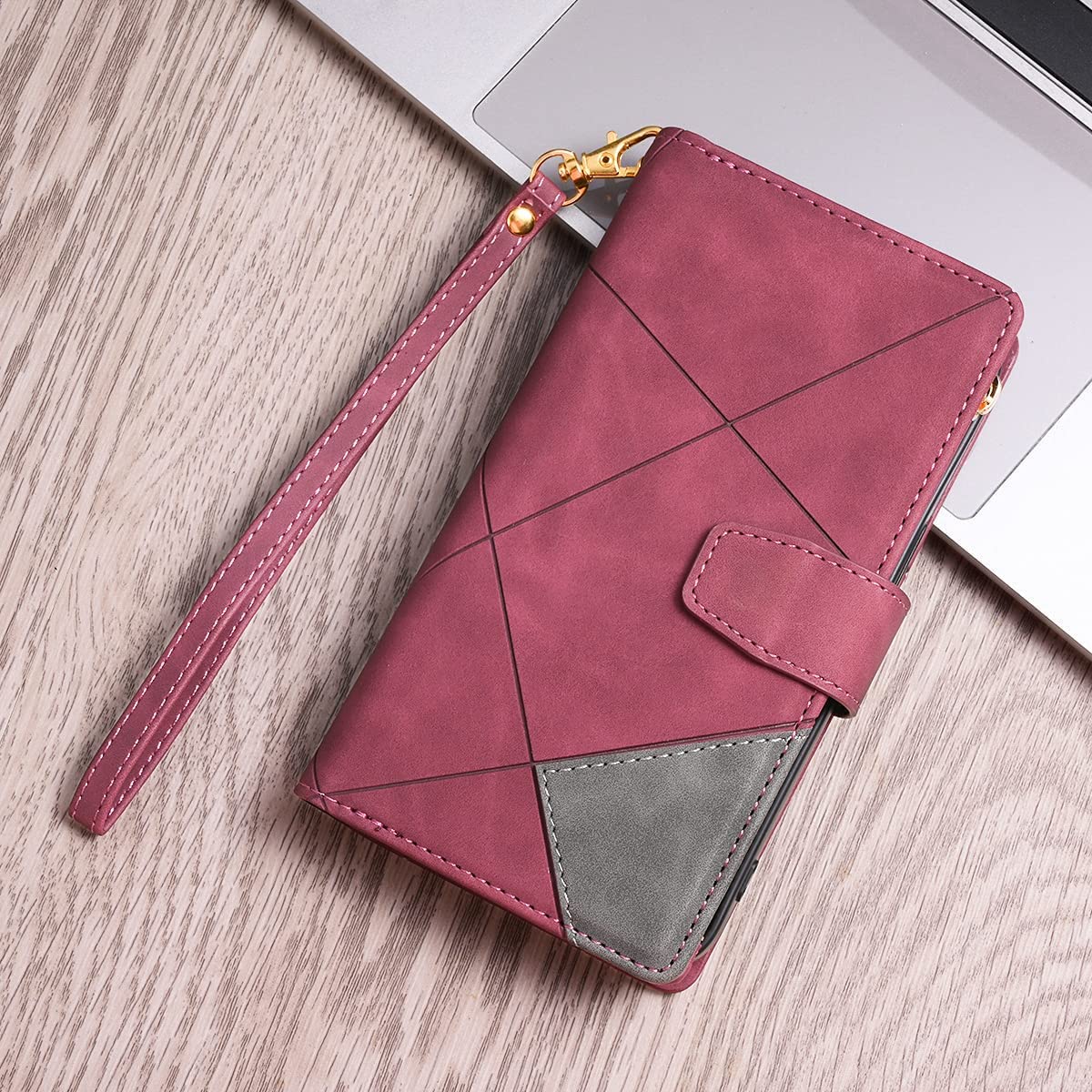 Premium Leather Wallet Case for Samsung Galaxy S22 Plus - 9 Card Slots & Zipper Pocket with Handbag Wristlet Flip Cover (Red) | Perfect for Daily Use, Travel & Business Meetings