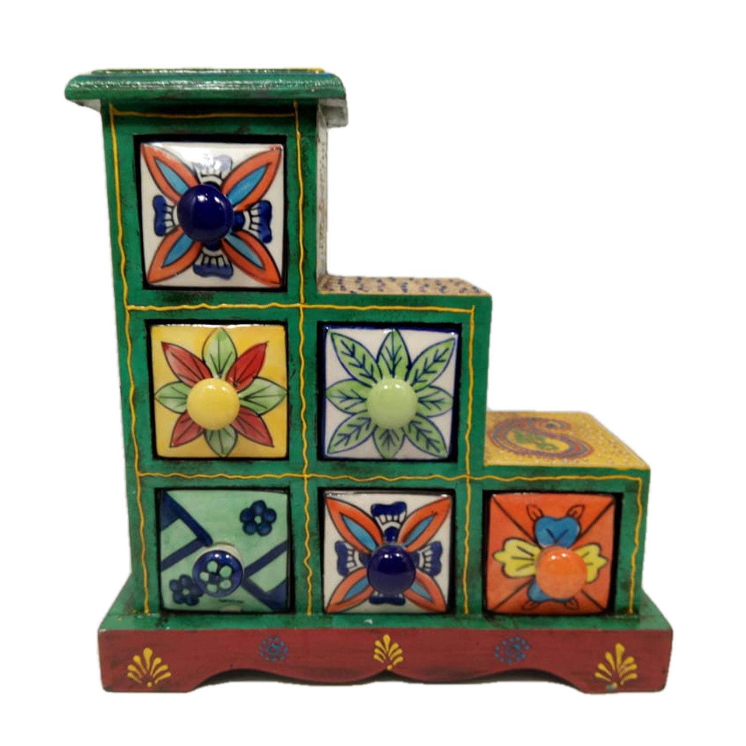 Handmade 6-Drawer Decorative Chest - Green Christmas Handicraft by Award-Winning Indian Artisan | Perfect Holiday Gift for Home & Office Decor